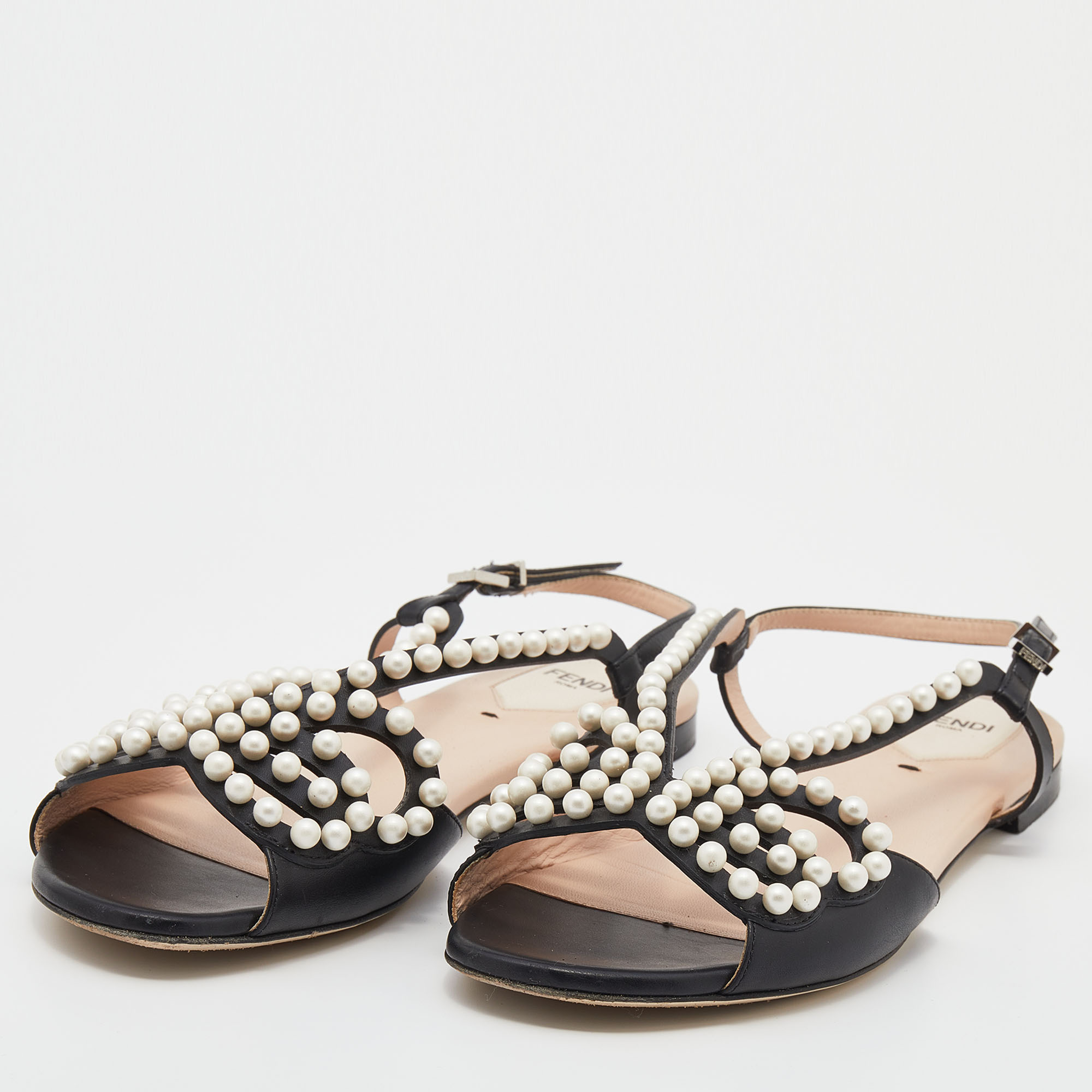 

Fendi Black Leather Pearl Embellished Flat Sandals Size