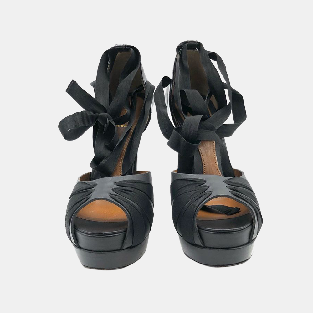 

Fendi Black Leather Ribbons Peep Toe Platform Sandals Size EU