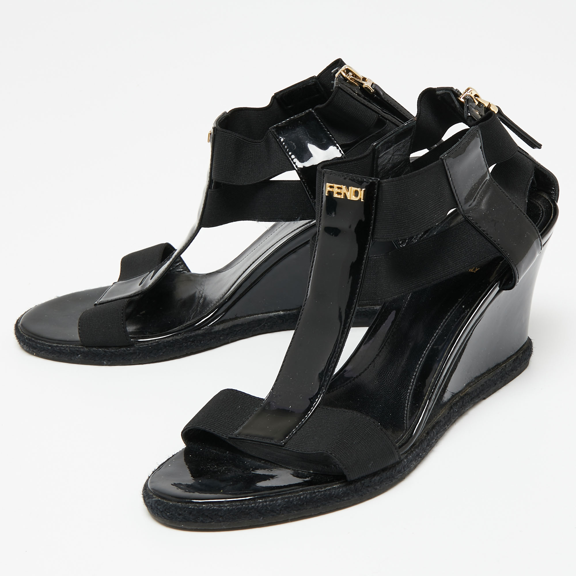 

Fendi Black Patent Leather And Elastic T-Strap Espadrille Wedge Sandals Size