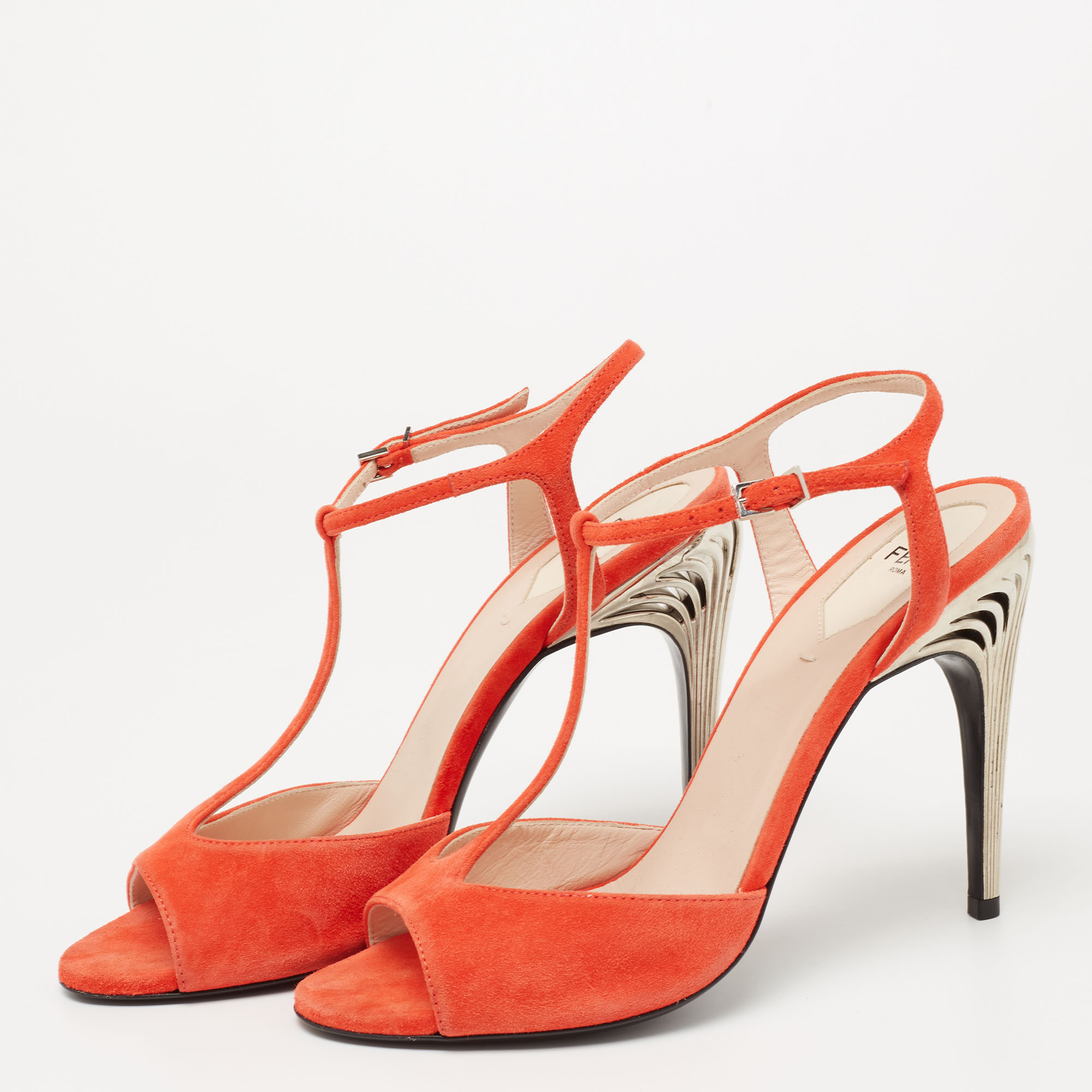 

Fendi Coral Red Suede Open Toe Ankle Strap Sandals Size