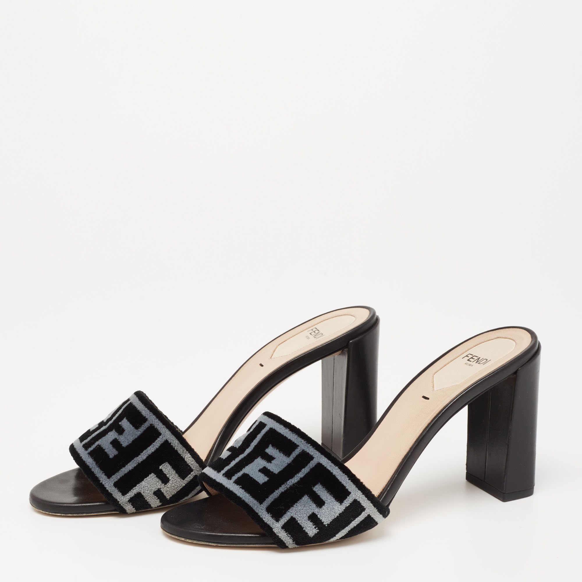 

Fendi Grey/Black Zucca Velvet Slide Sandals Size