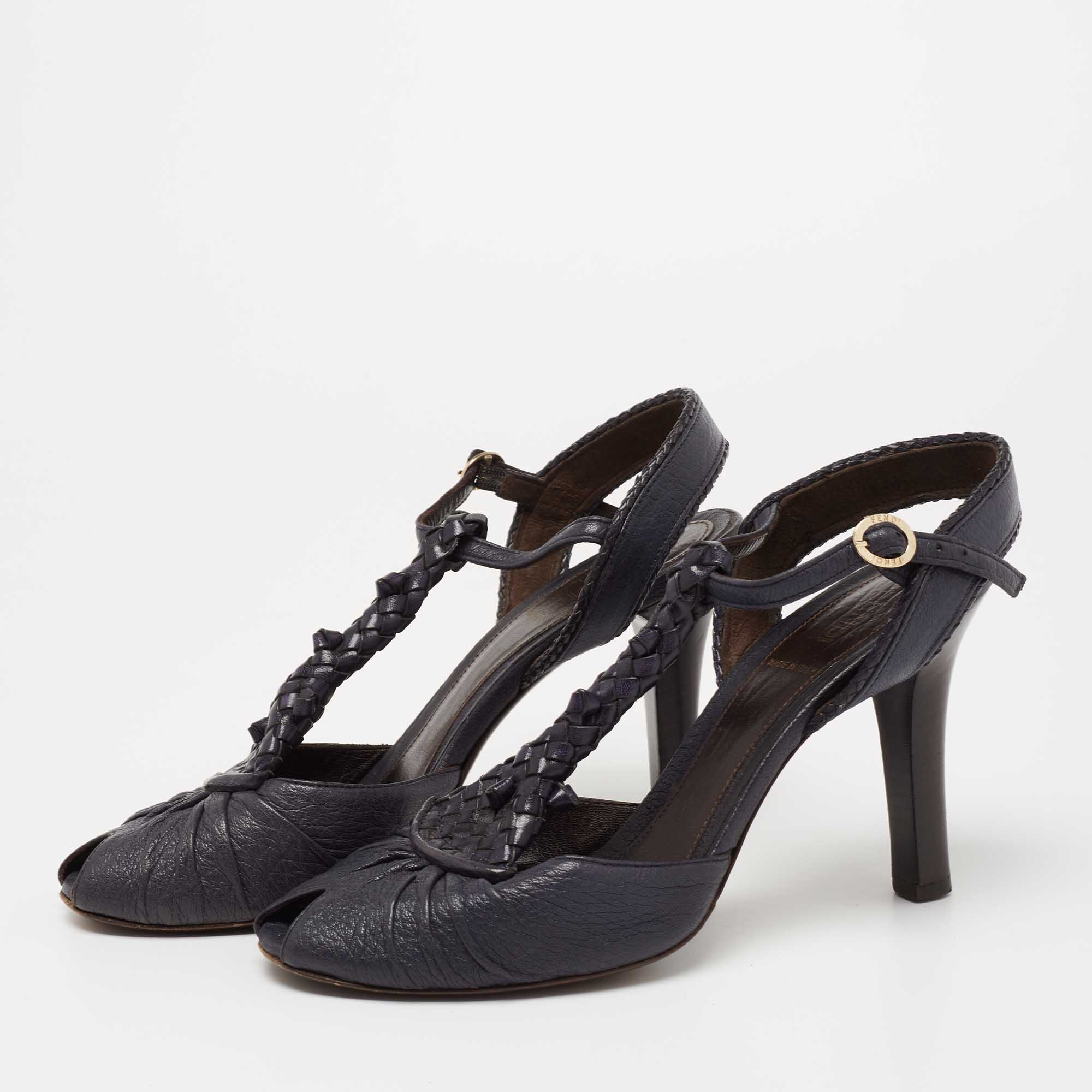 

Fendi Navy Blue Leather T-Strap Peep Toe Ankle Strap Sandals Size
