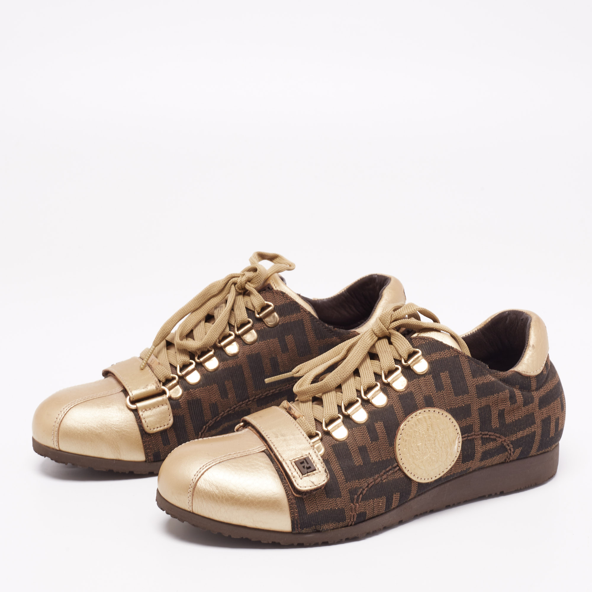 

Fendi Gold/Tobacco Zucca Canvas and Leather Lace and Velcro Strap Sneakers Size