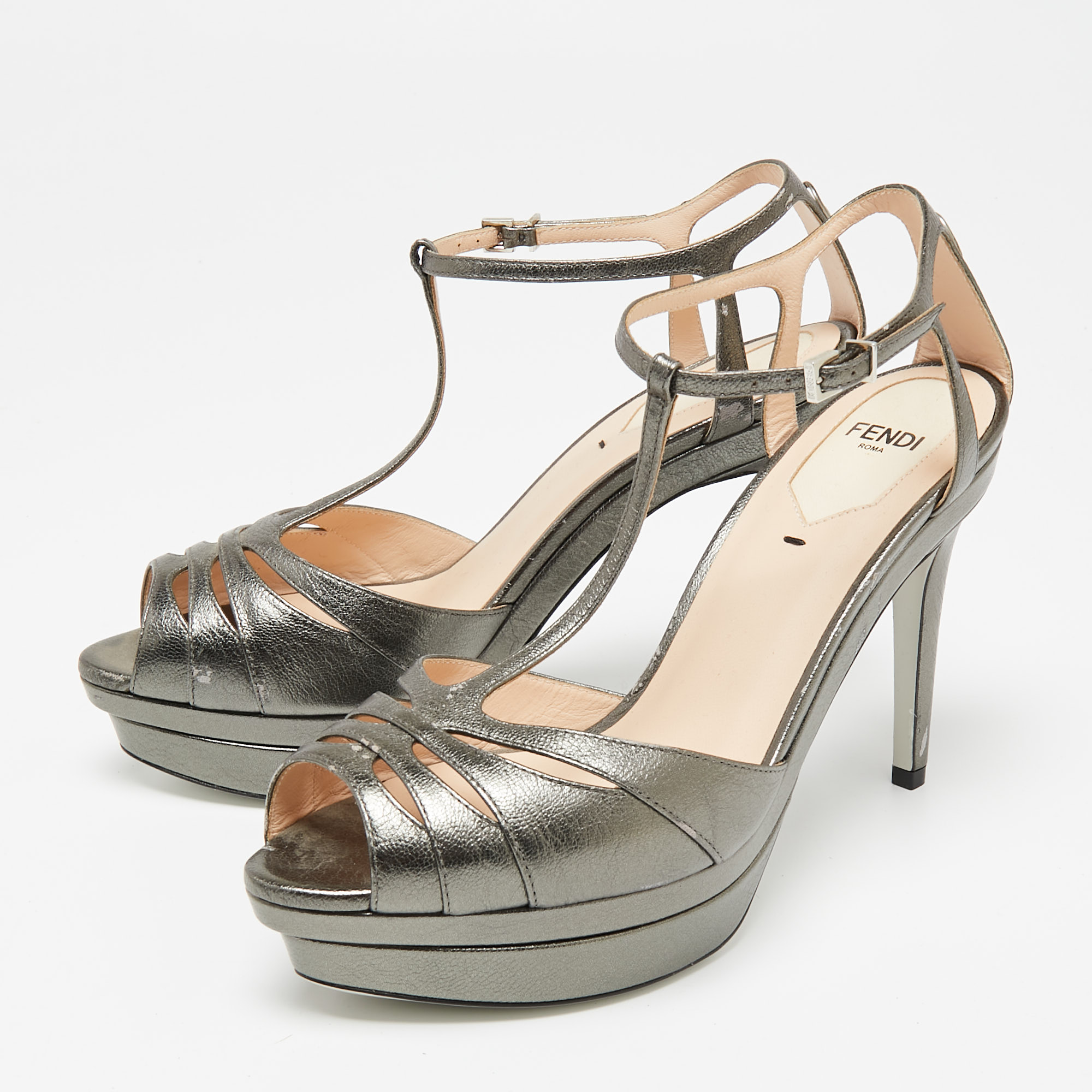 

Fendi Metallic Dark Grey Leather Platform T-Strap Sandals Size