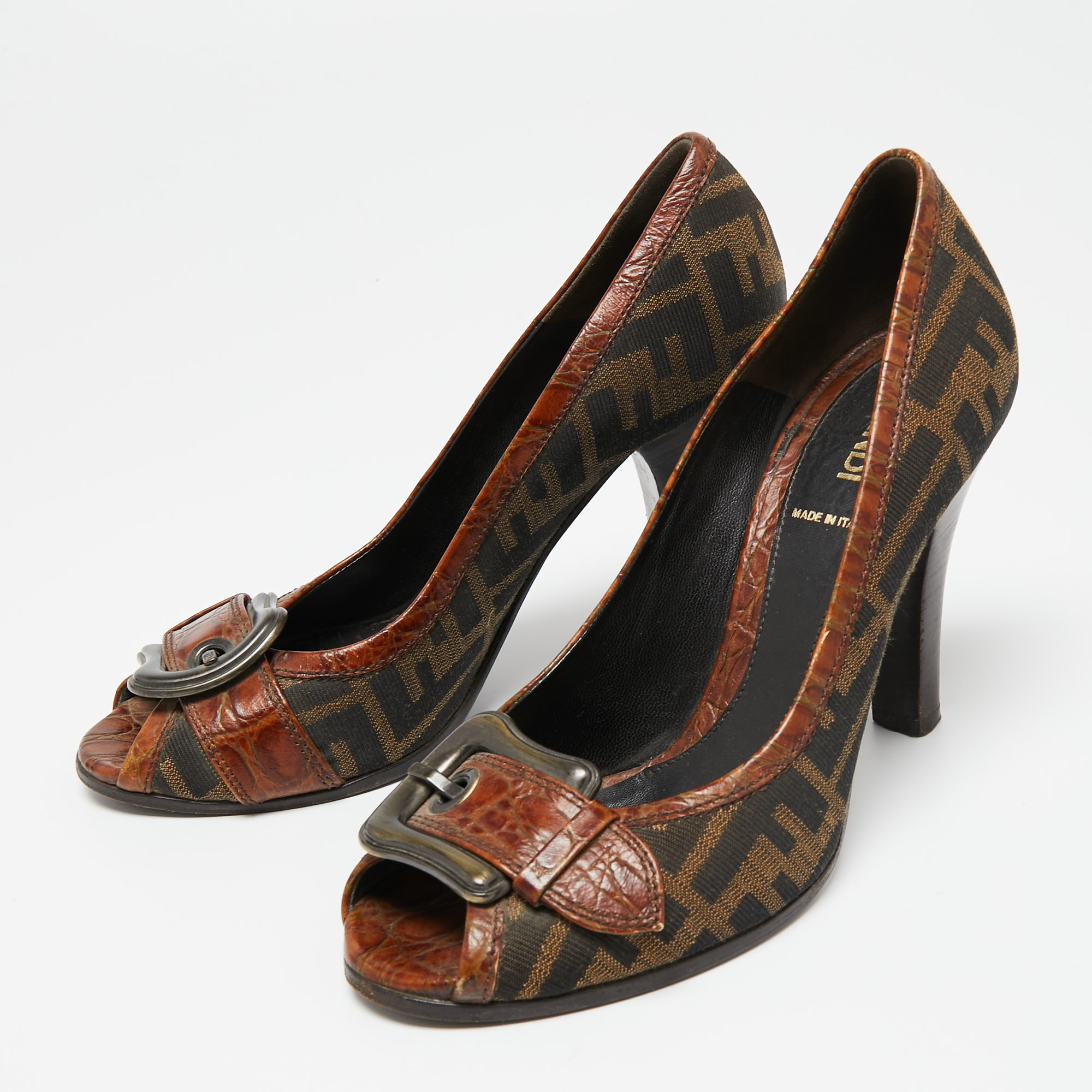 

Fendi Brown Canvas And Leather Peep Toe Pumps Size