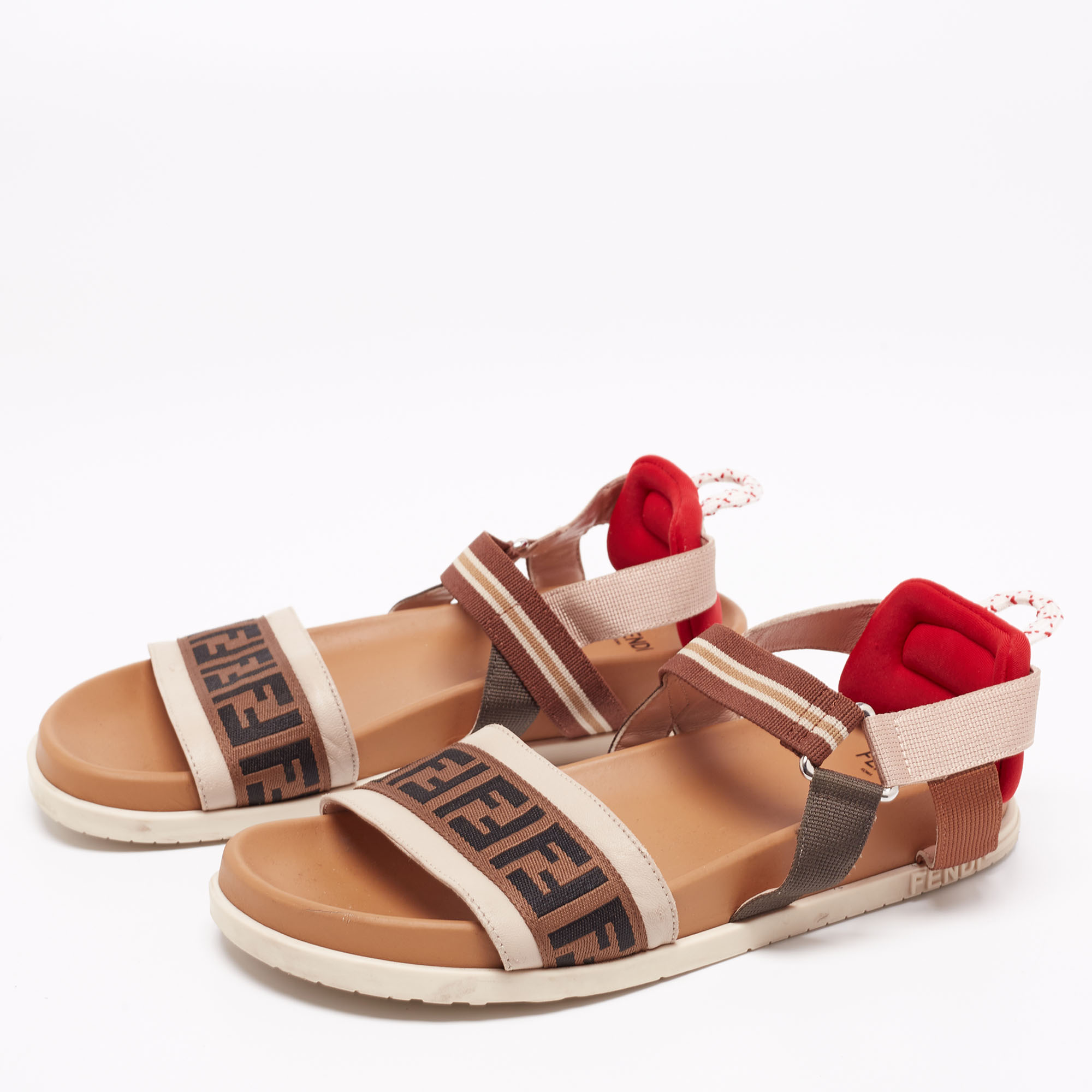 

Fendi Multicolor Leather And Zucca Web Tape Touch-Strap Flat Sandals Size
