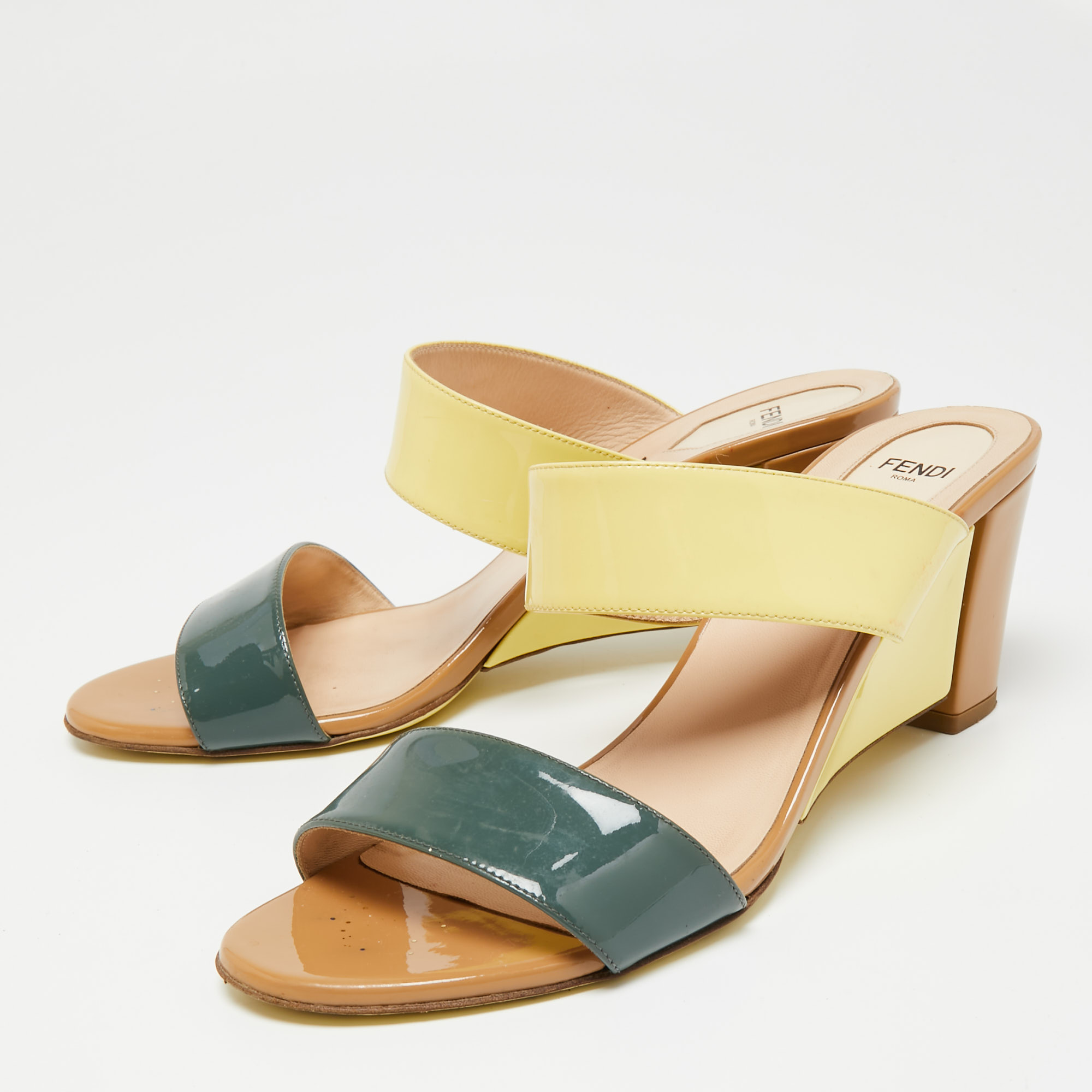 

Fendi Tri-Color Patent Leather Wedge Slide Sandals Size, Yellow