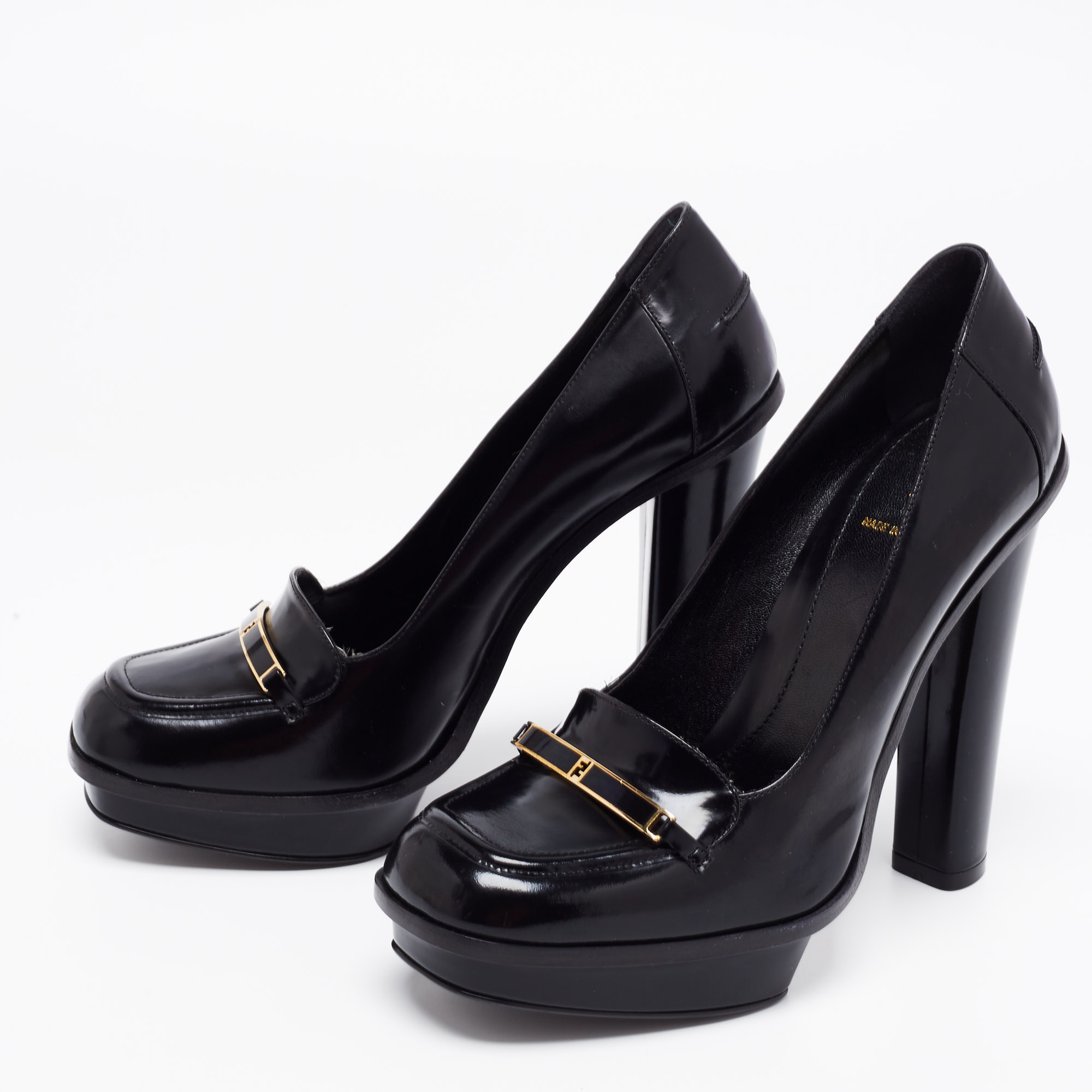 

Fendi Black Glossy Leather FF Loafer Platform Pumps Size