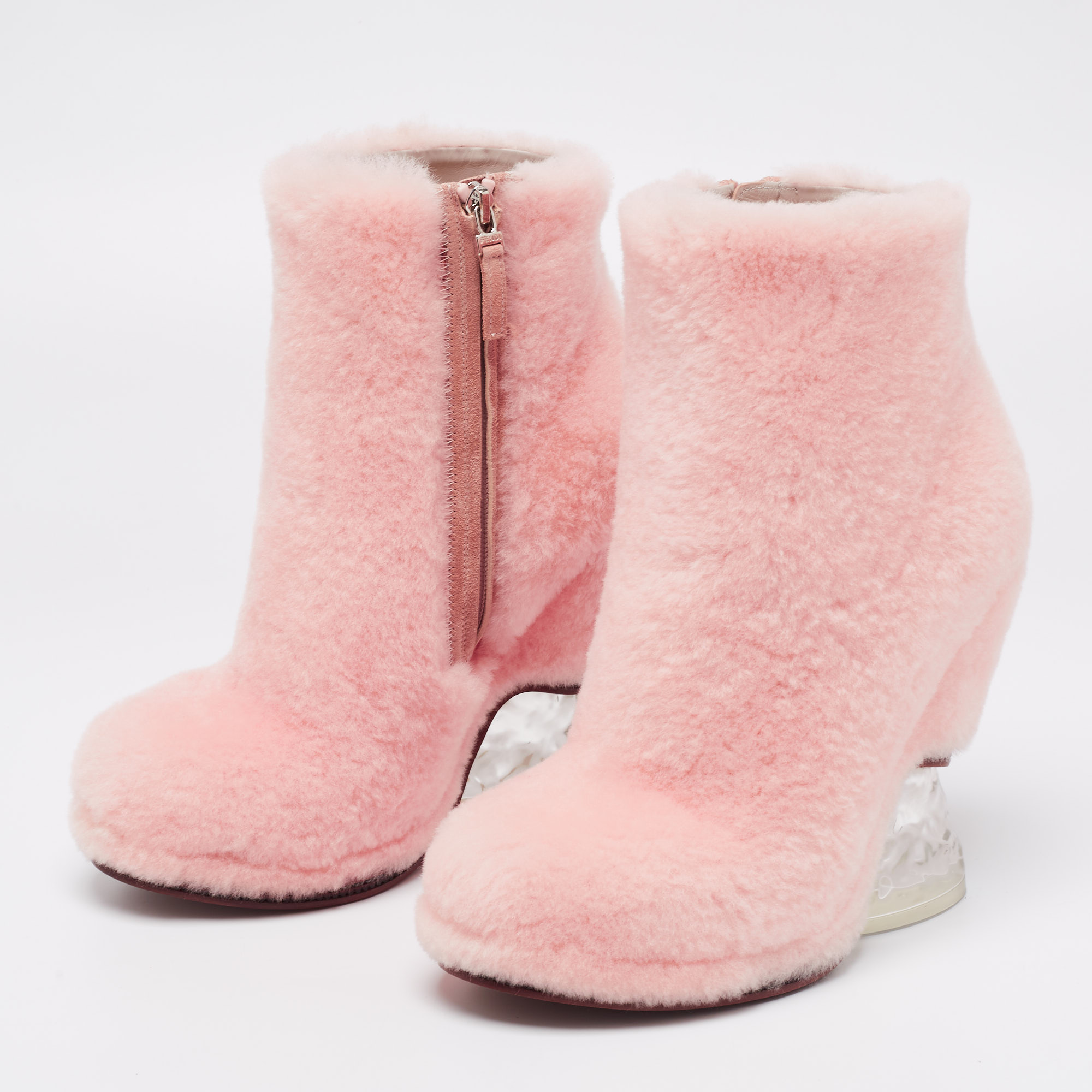 

Fendi Light Pink Shearling Fur Ice Heel Ankle Boots Size