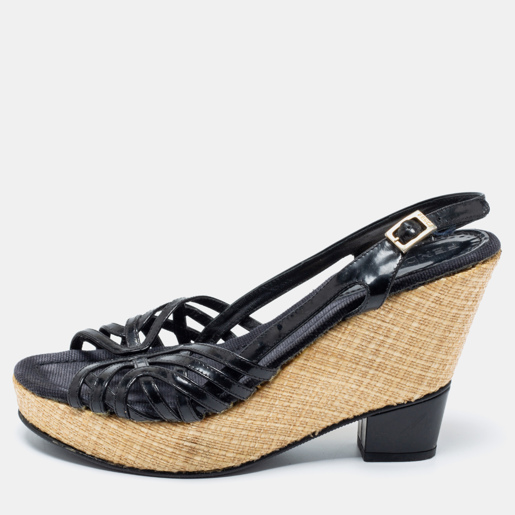 

Fendi Black Patent Leather Platform Wedge Heel Slingback Sandals Size