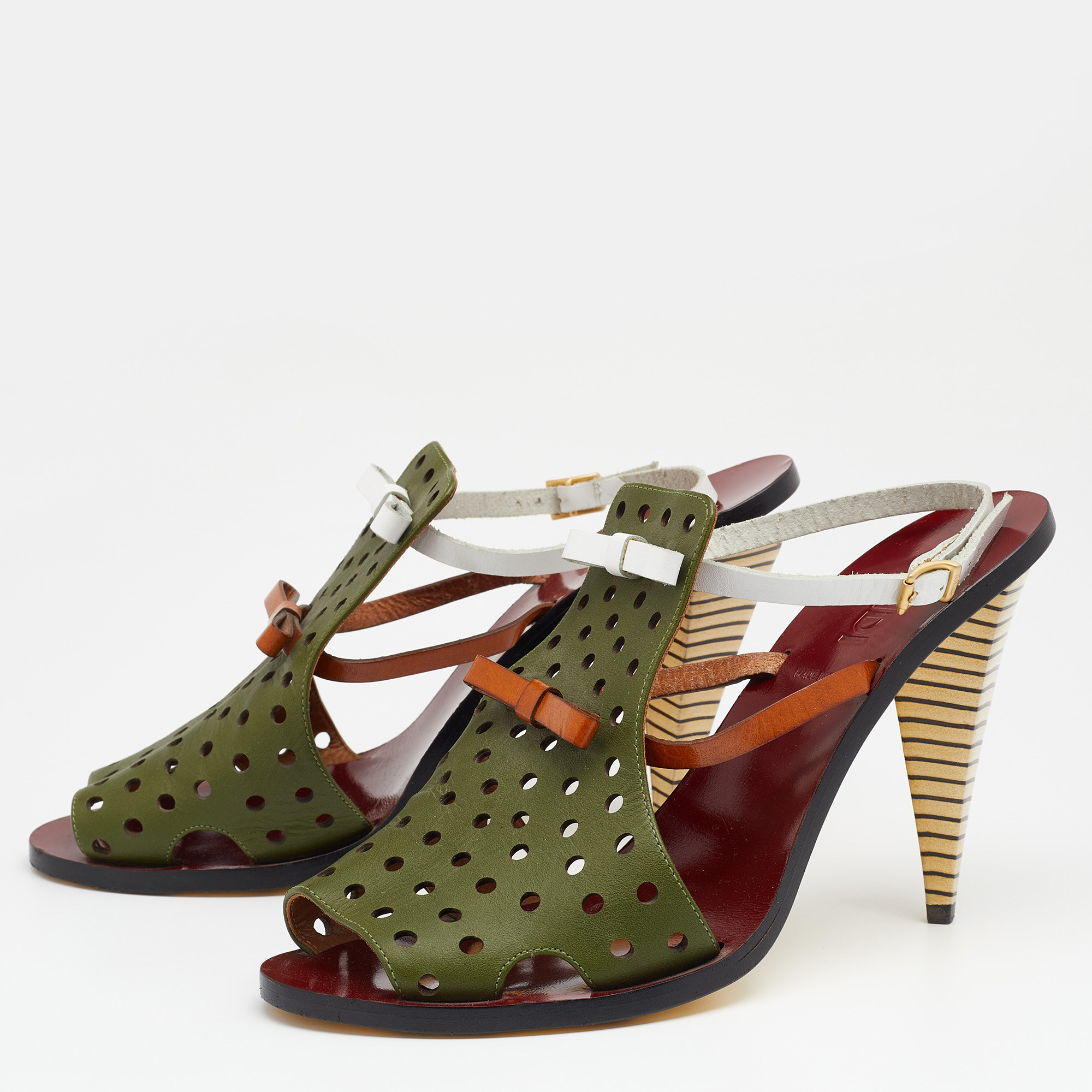 

Fendi Multicolor Perforated Leather Bow Slingback Sandals Size