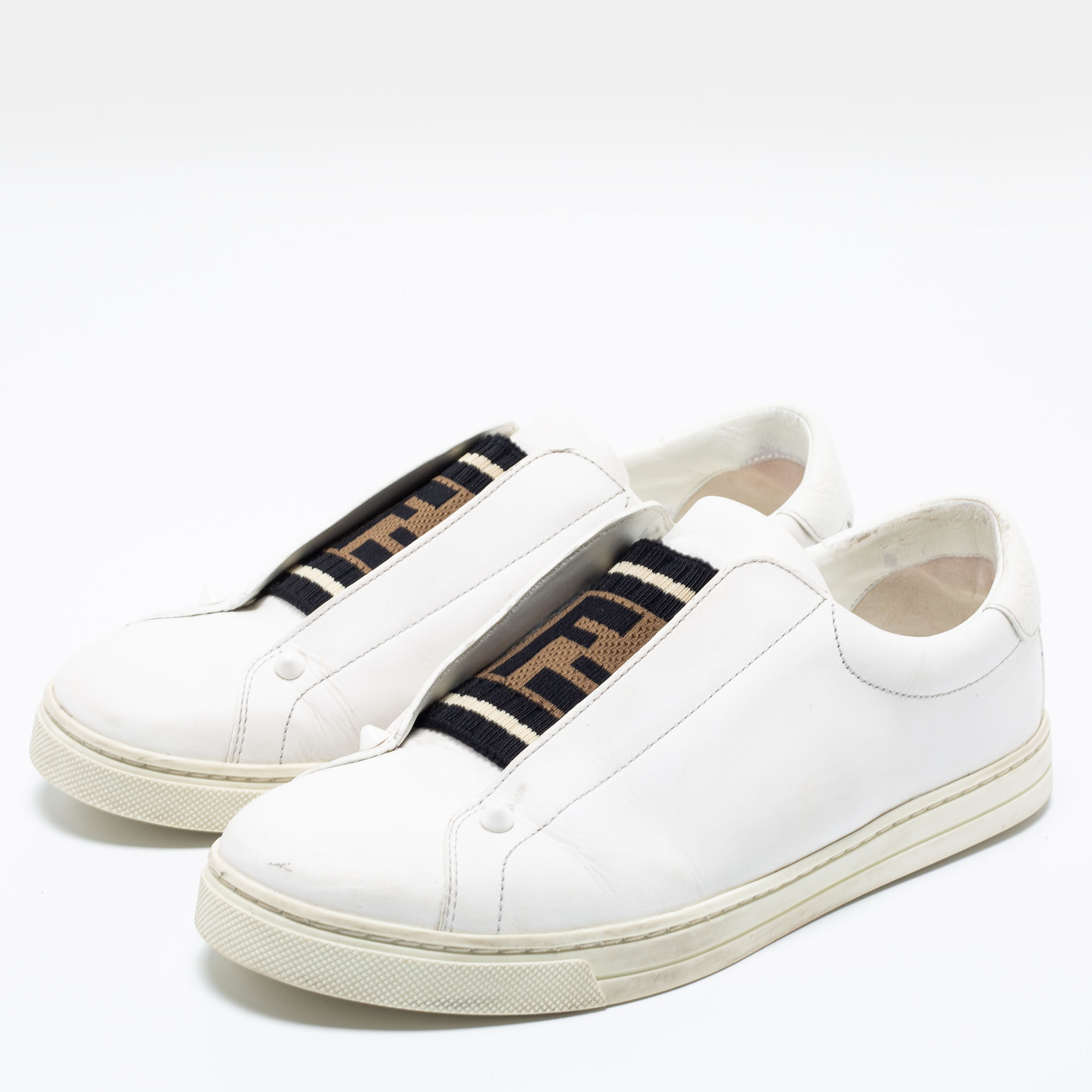 

Fendi White Leather Knitted Logo Rockoclick Slip-On Sneakers Size