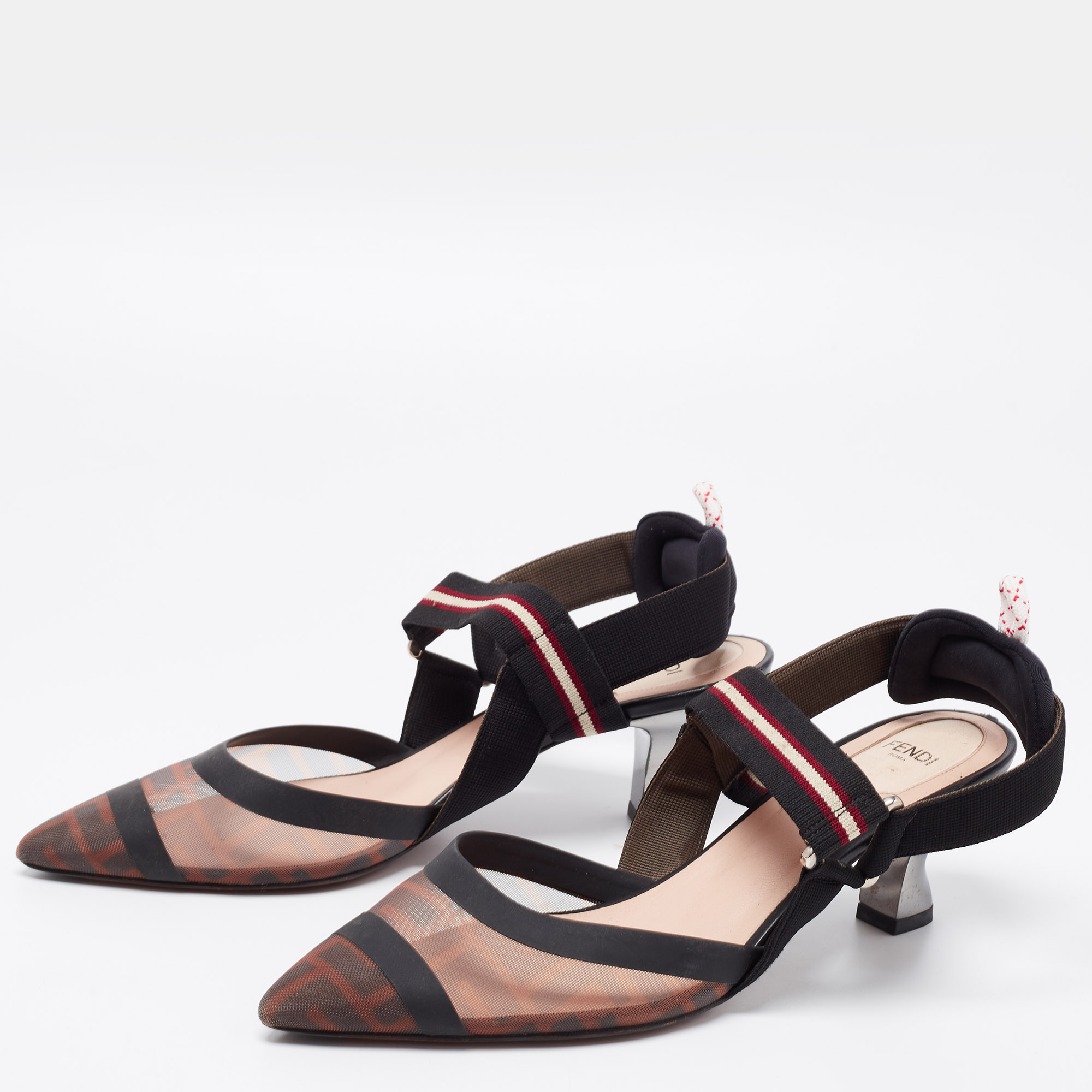 

Fendi Brown/Black Zucca Mesh, Leather and Fabric Colibri Slingback Pumps Size