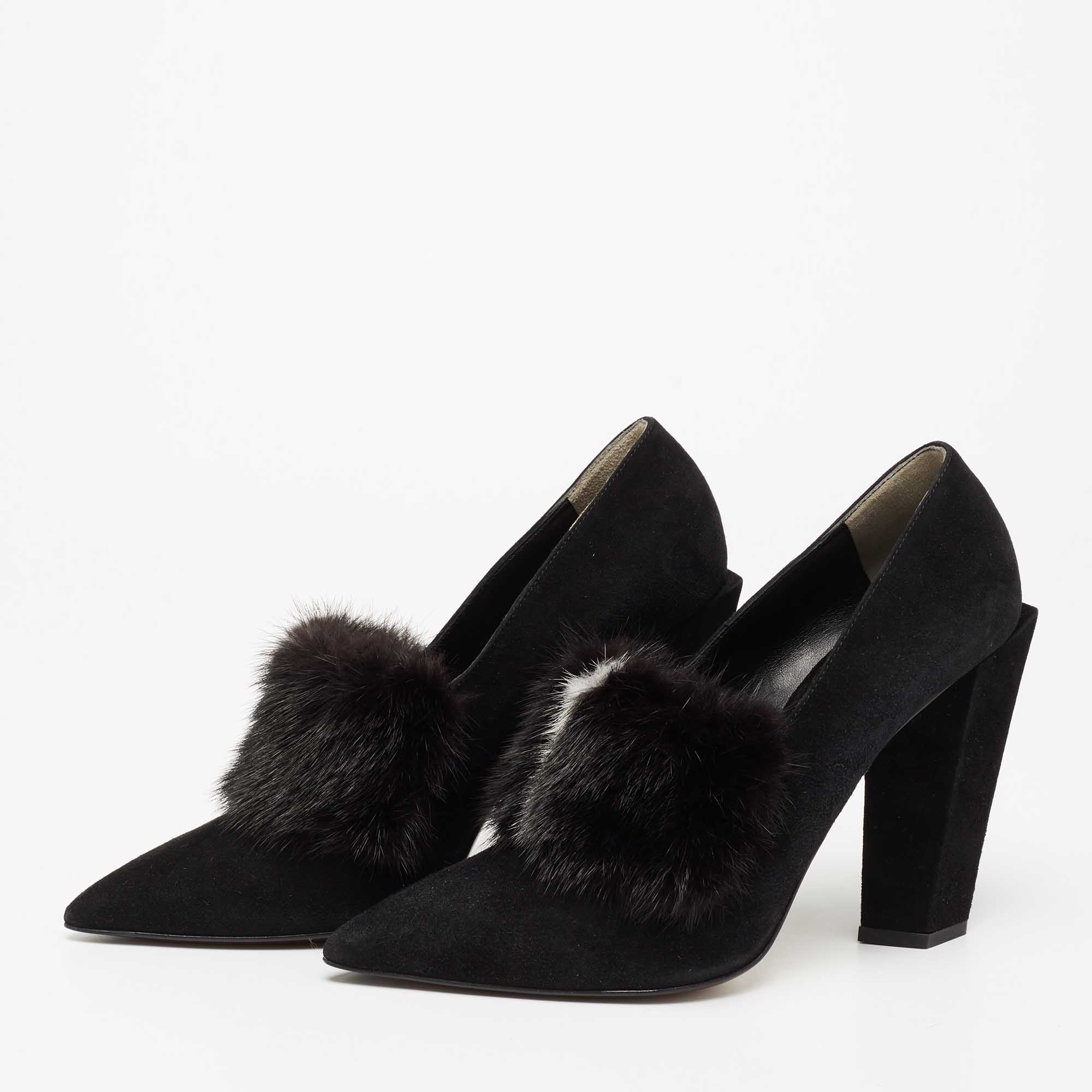 

Fendi Black Suede And Mink Fur Alexane Block Heel Pointed Toe Pumps Size