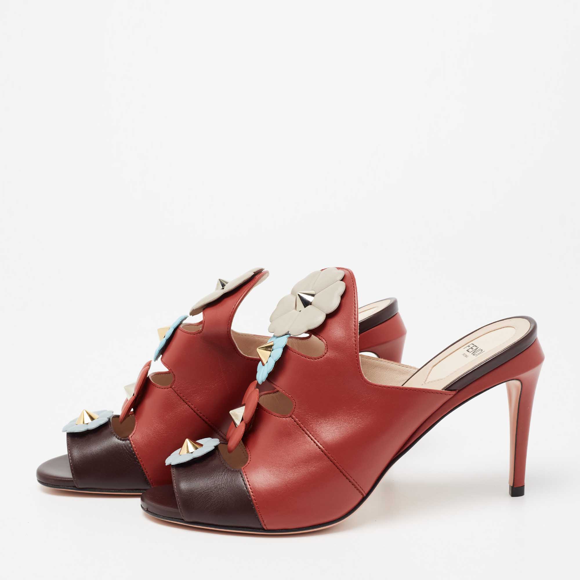 

Fendi Red/Dark Brown Leather Flowerland Mule Sandals Size