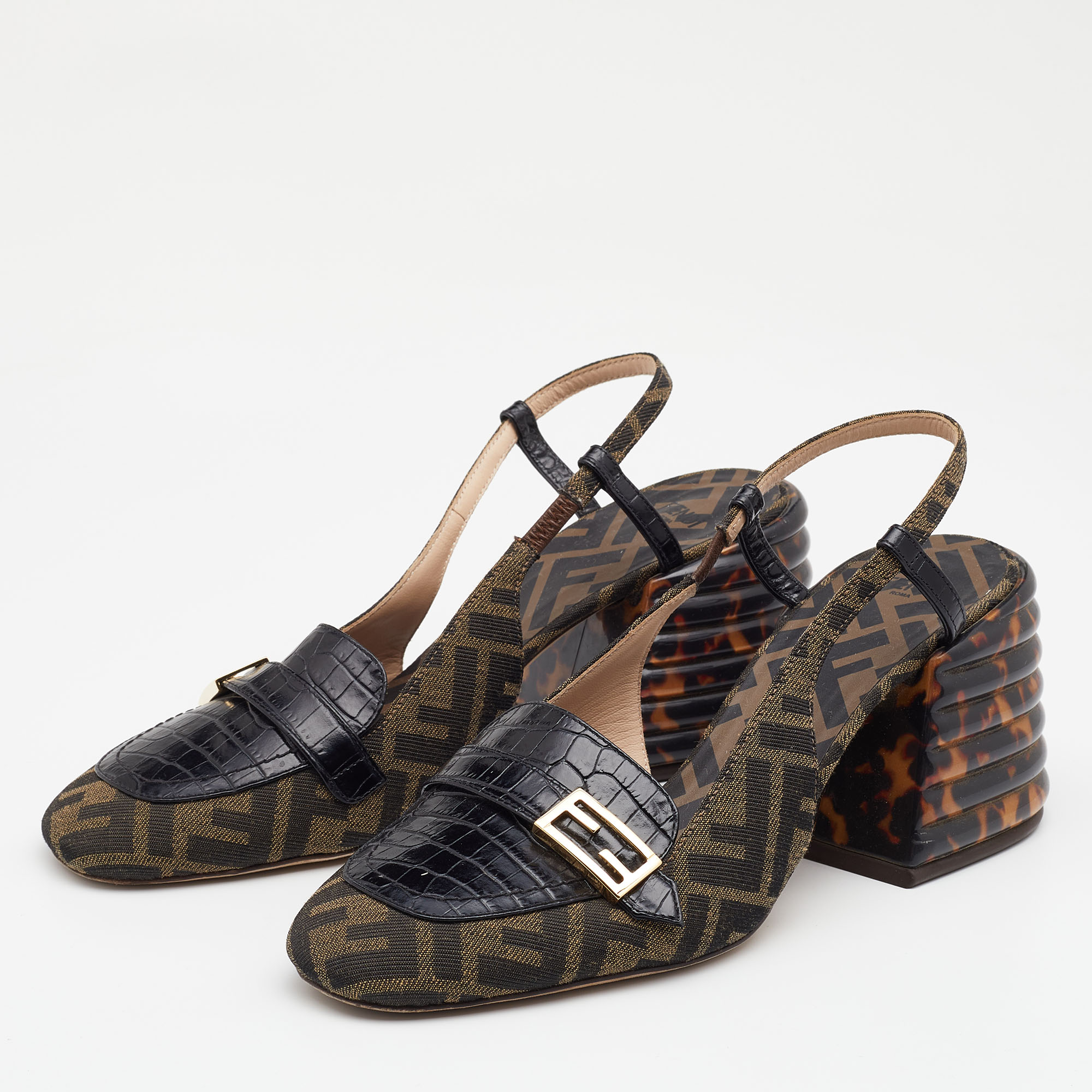 

Fendi Tobacco/Black Zucca Canvas and Croc Embossed Leather Promenade Slingback Sandals Size, Brown
