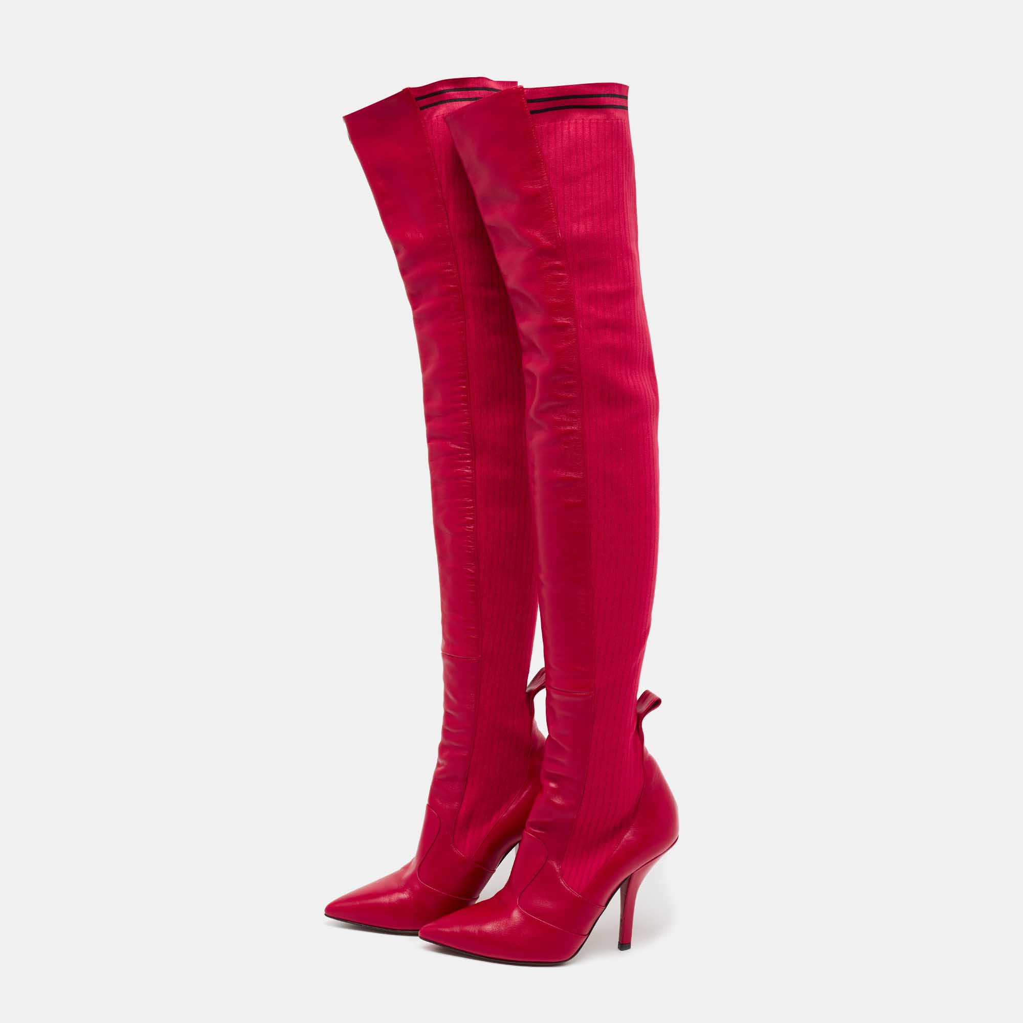 

Fendi Red Leather And Striped Fabric Thigh High Boots Size