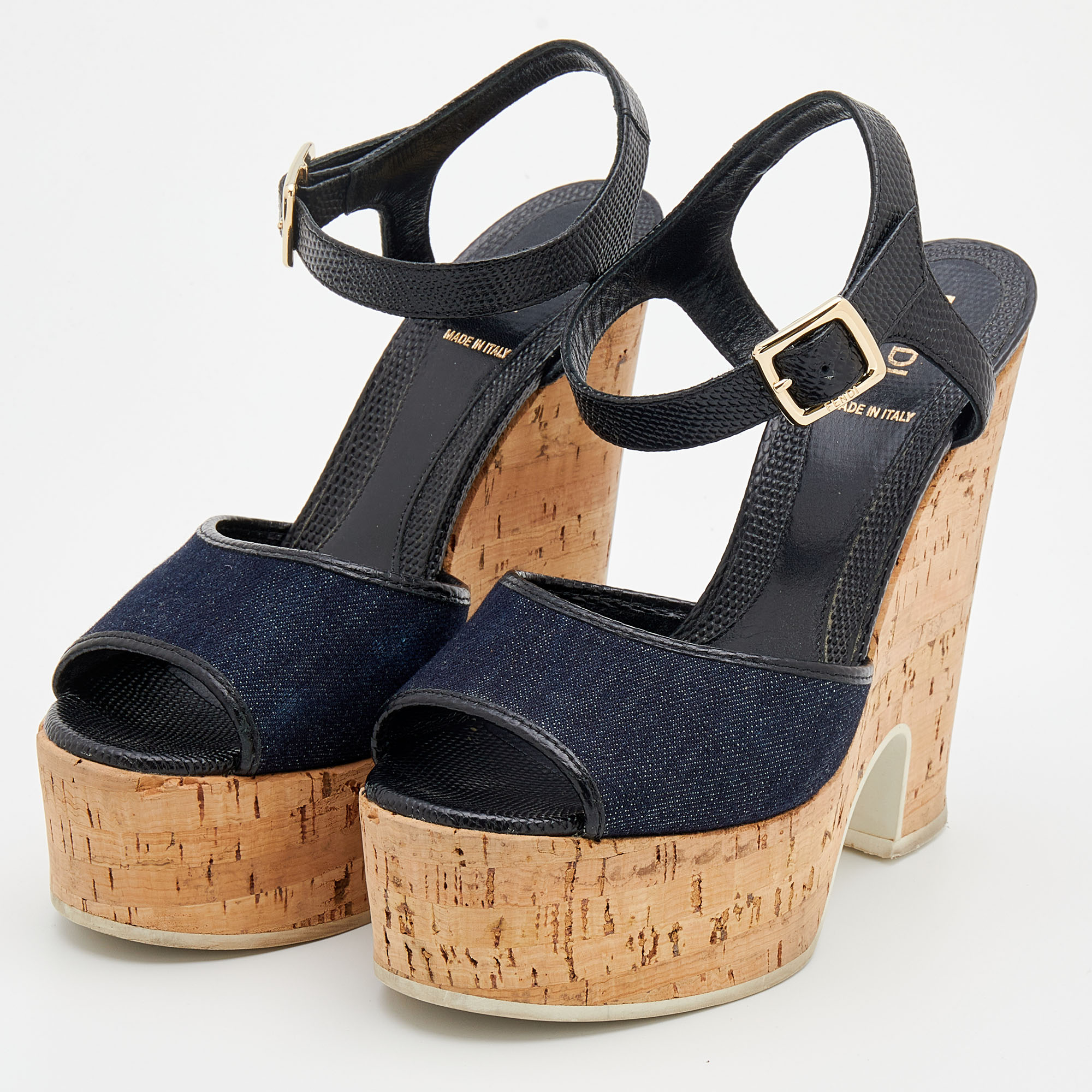 

Fendi Navy Blue/Black Denim And Lizard Embossed Leather Cork Wedge Platform Ankle Strap Sandals Size