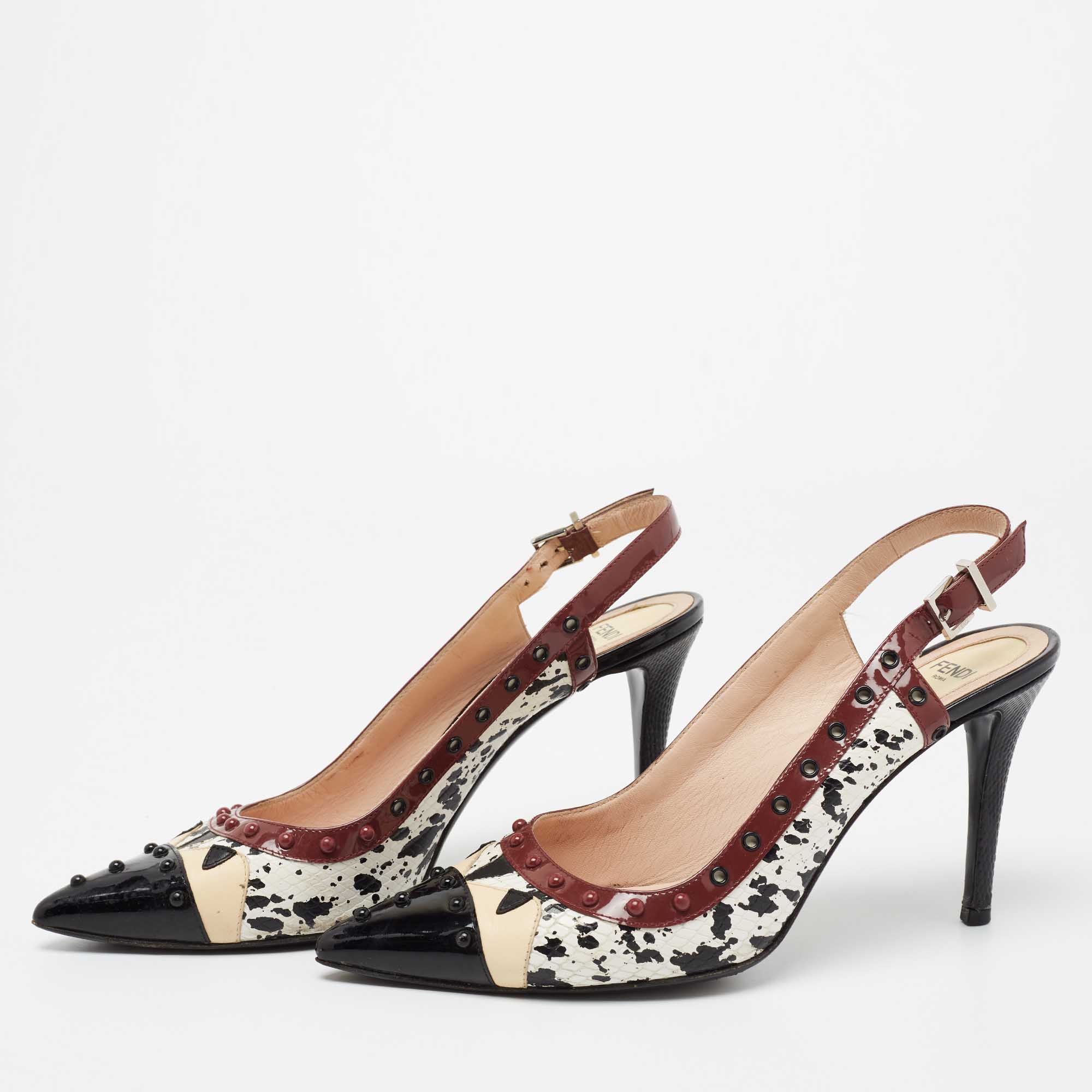 

Fendi Multicolor Patent Leather and Python Embossed Leather Monster Eyes Studded Slingback Pumps Size