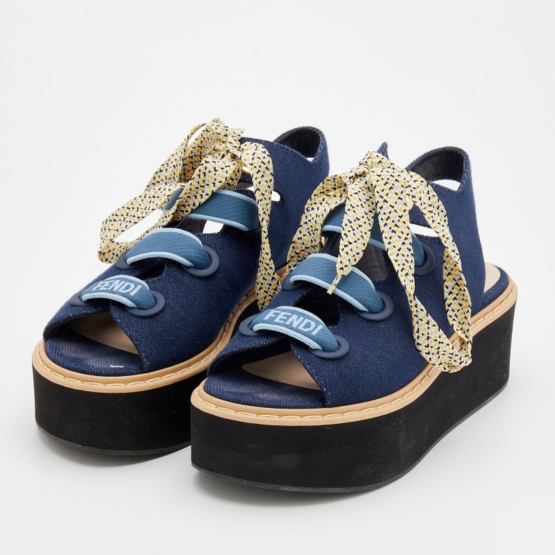 

Fendi Dark Blue Denim Lace-Up Platform Sandals Size