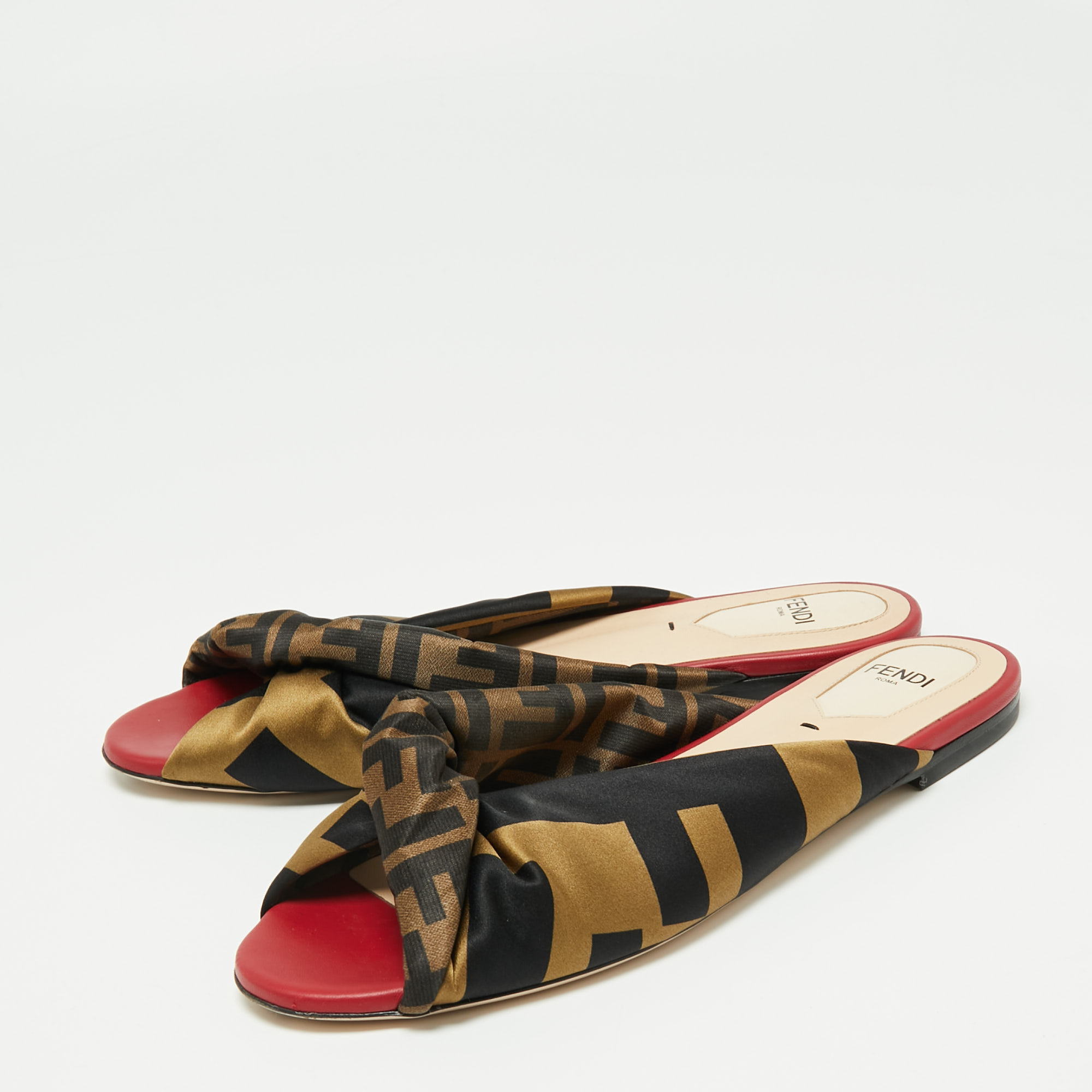 

Fendi Tricolor Logo Print Satin Twist Knotted Flat Slides Size, Multicolor