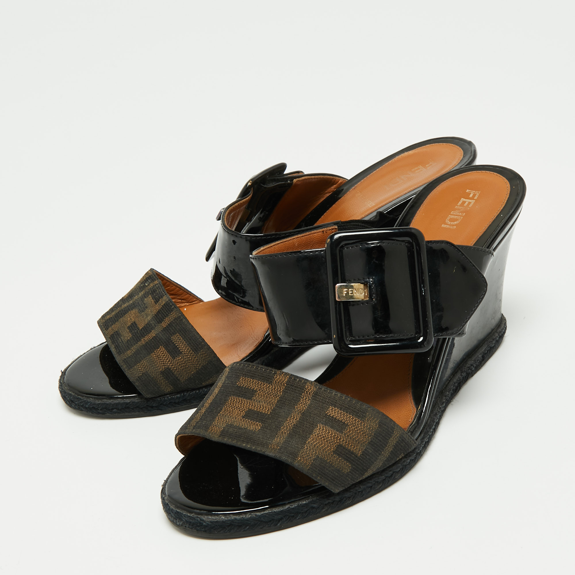 

Fendi Brown/Black Zucca Canvas and Patent Leather Wedge Slide Sandals Size