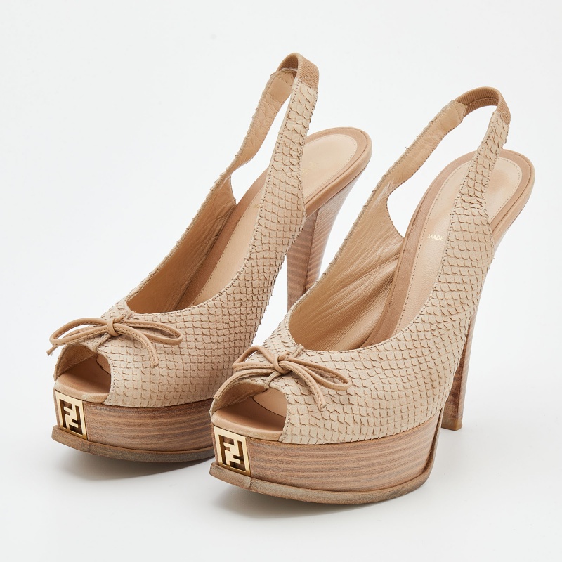 

Fendi Beige Python Embossed Leather Fendista Peep Toe Platform Slingback Sandals Size