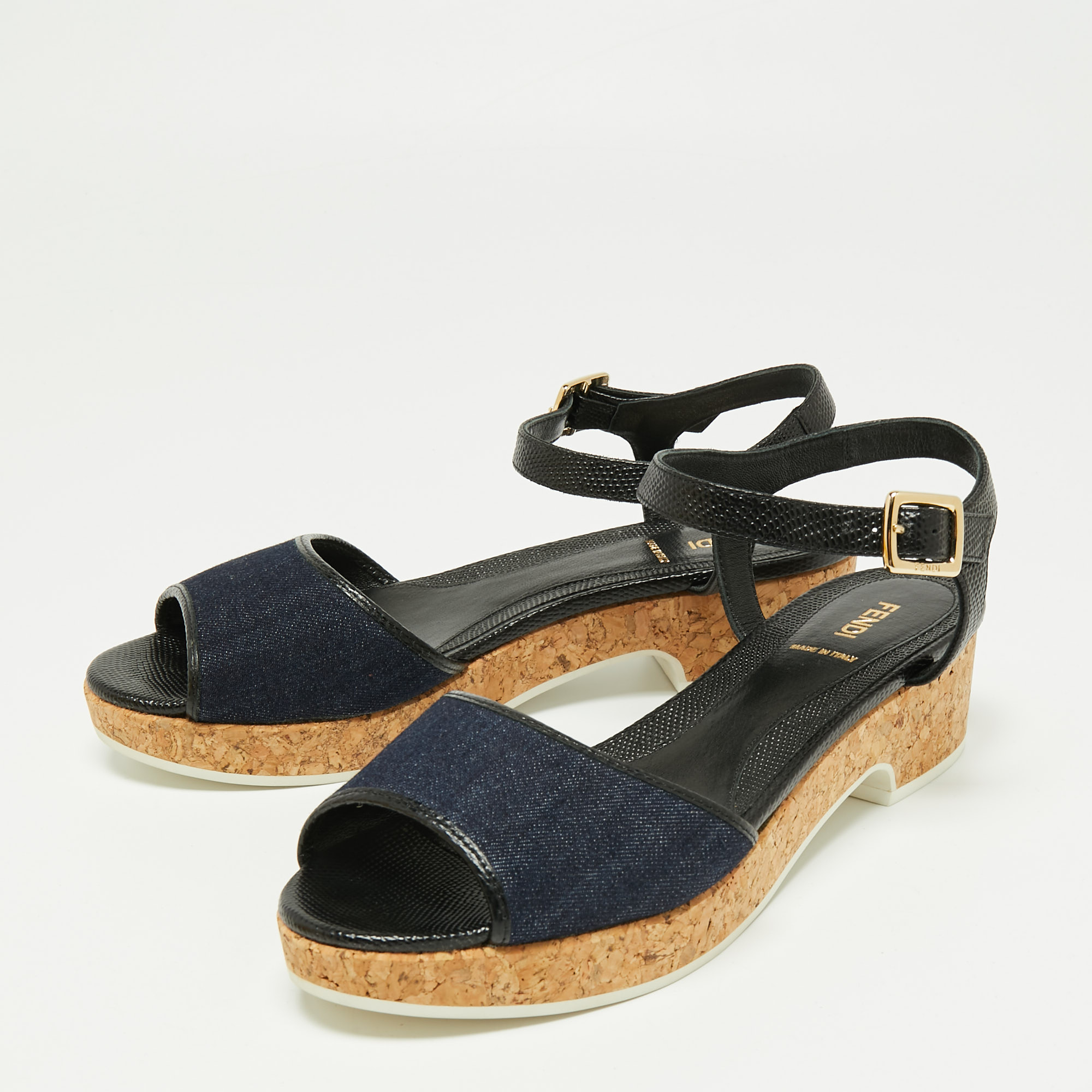

Fendi Navy Blue Denim And Lizard Embossed Leather Cork Platform Ankle Strap Sandals Size