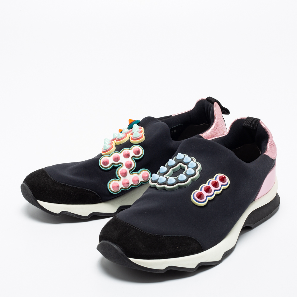 

Fendi Black Fabric And Suede Fun Fair Logo Slip On Sneakers Size, Multicolor