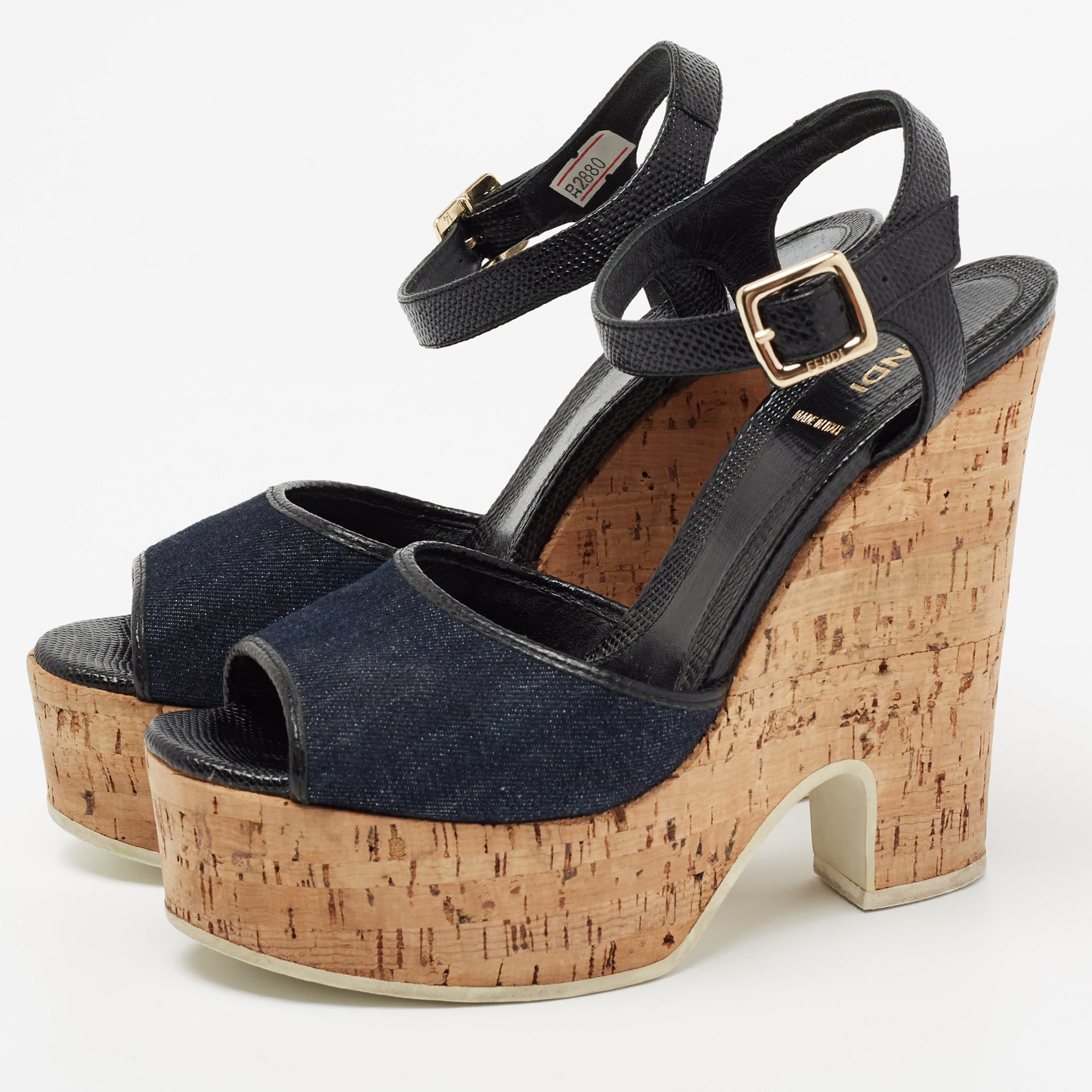 

Fendi Navy Blue Denim and Lizard Embossed Leather Cork Wedge Platform Ankle Strap Sandals Size