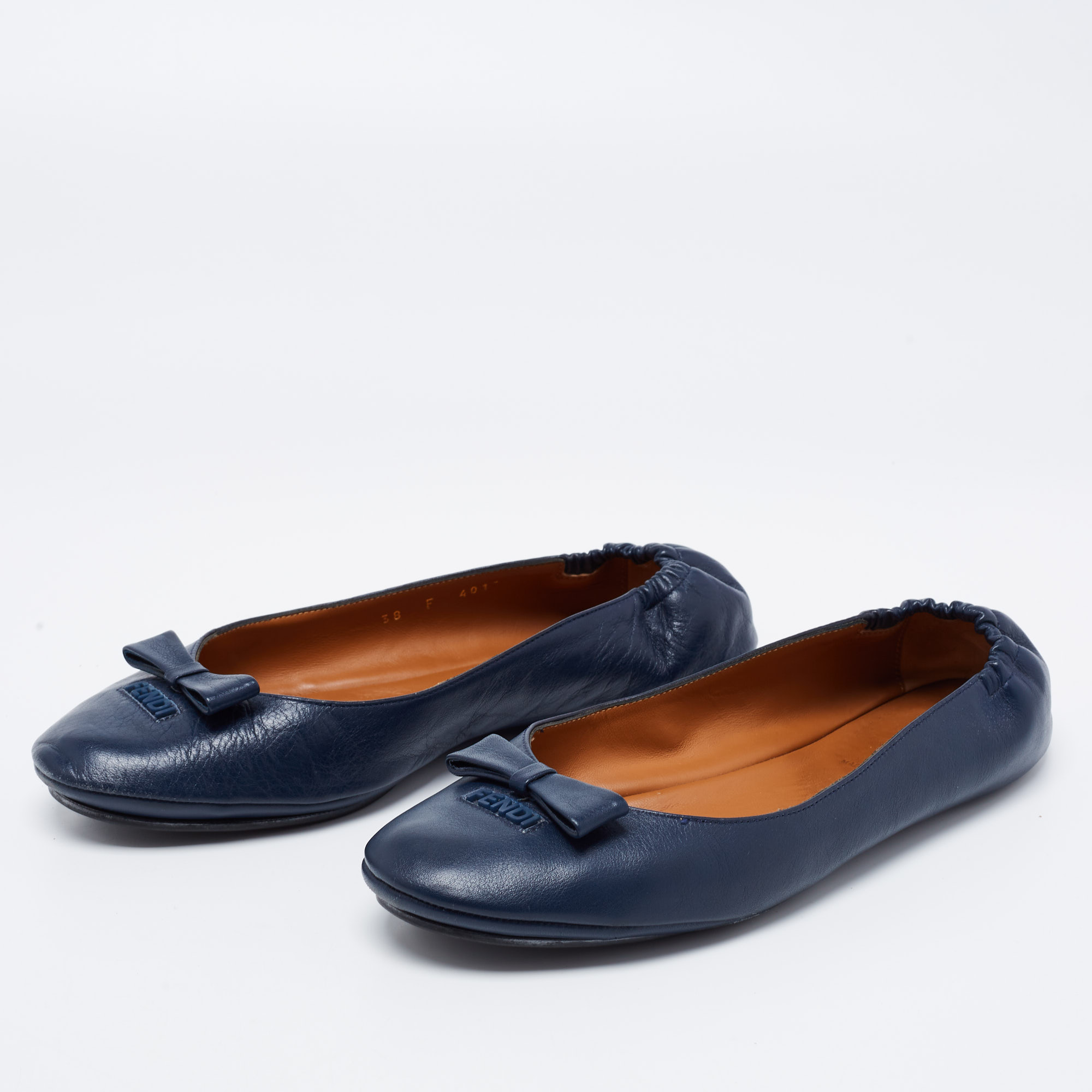 

Fendi Navy Blue Leather Let's Dance Bow Ballet Flats Size