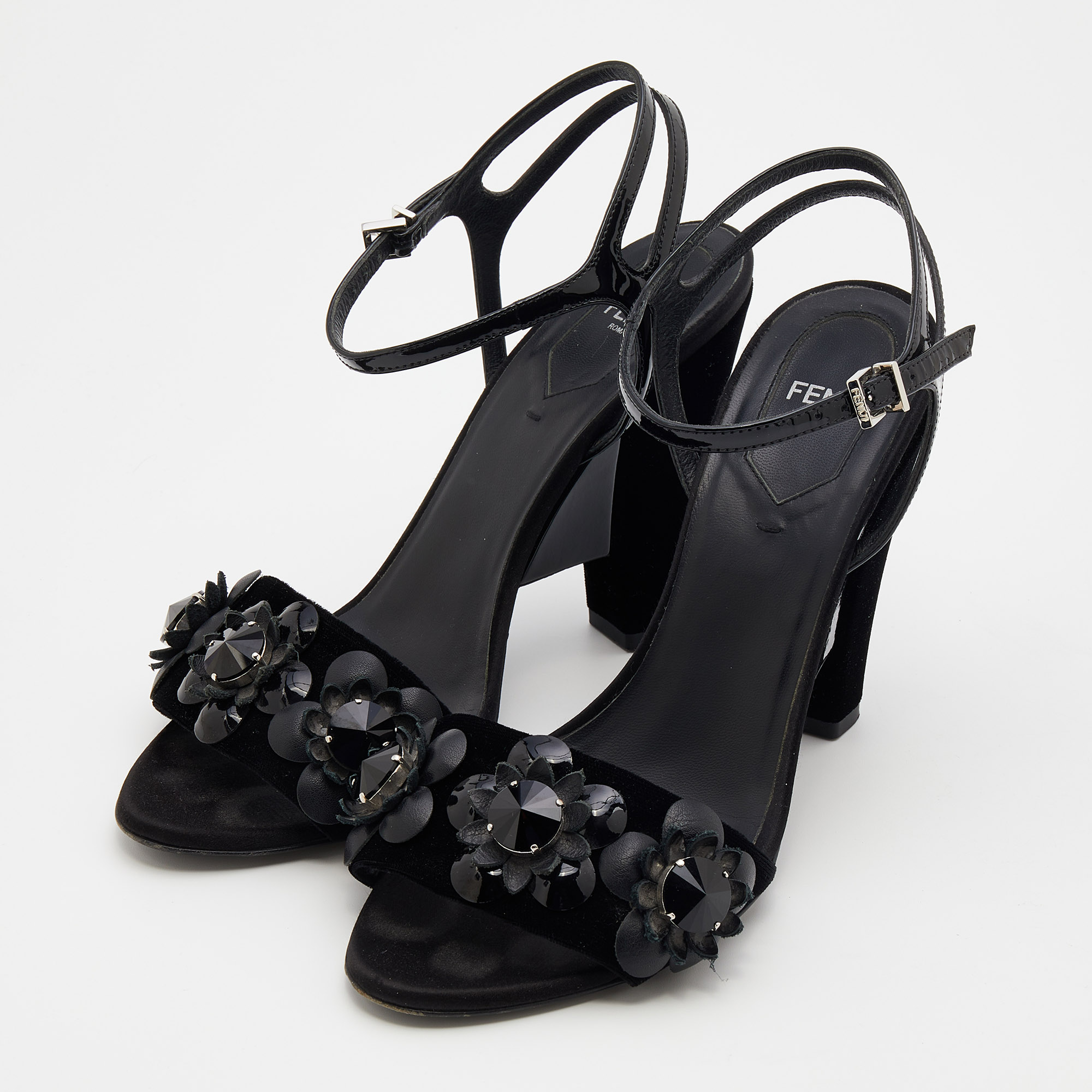 

Fendi Black Velvet And Patent Leather Flowerland Jewel Ankle Strap Sandals Size