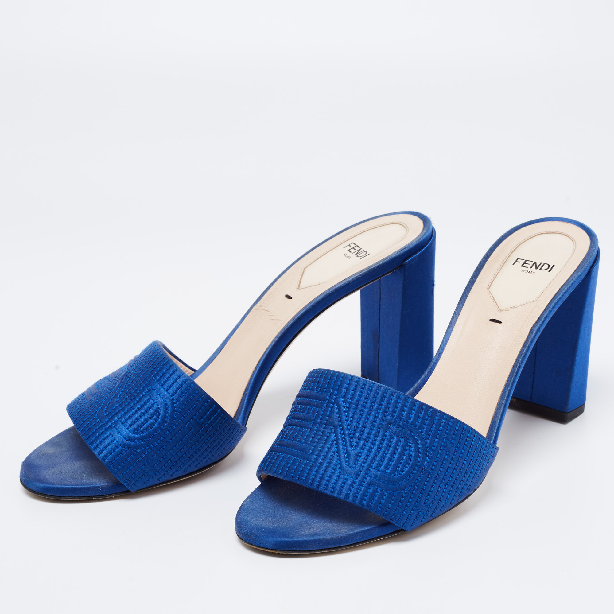 

Fendi Blue Satin Logo Embroidered Block Heel Slide Sandals Size