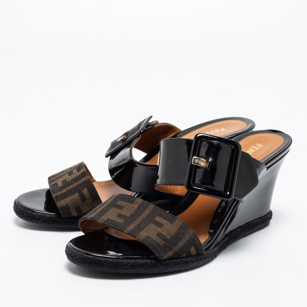

Fendi Black/Tobacco Patent Leather and Zucca Canvas Demi Wedge Sandals Size
