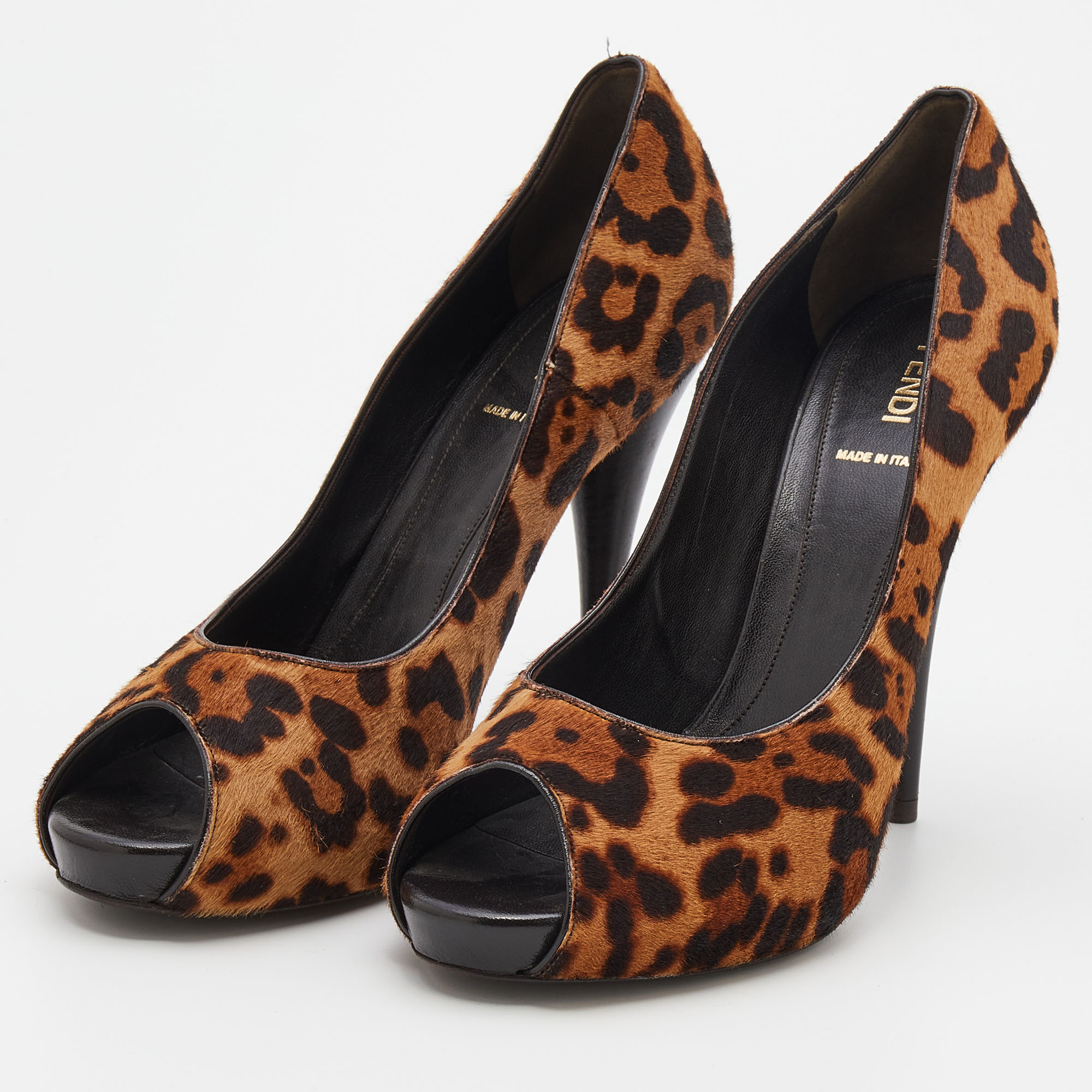 

Fendi Brown Leopard Print Calf Hair Peep Toe Platform Pumps Size