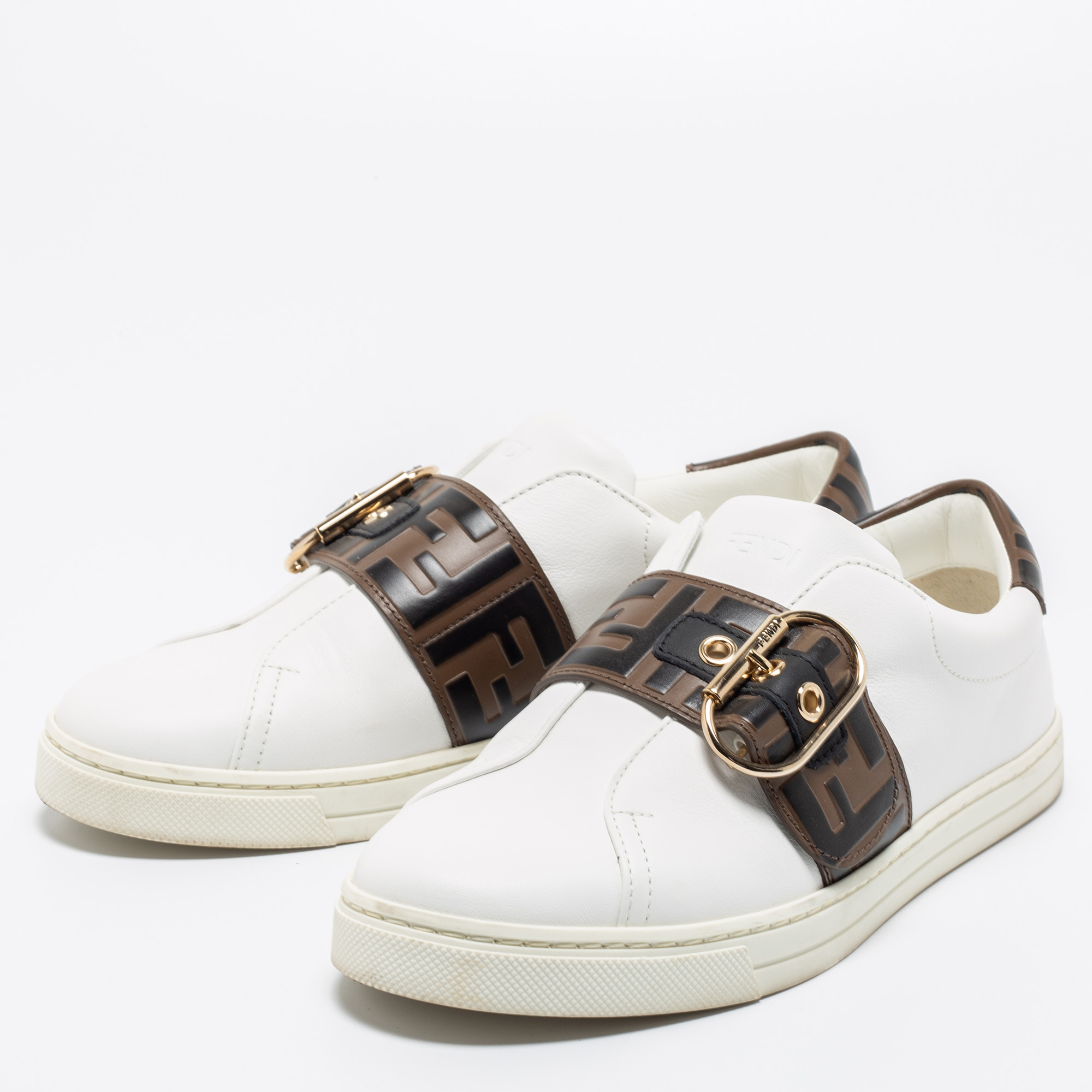 

Fendi White/Brown Leather FF Low Top Sneakers Size