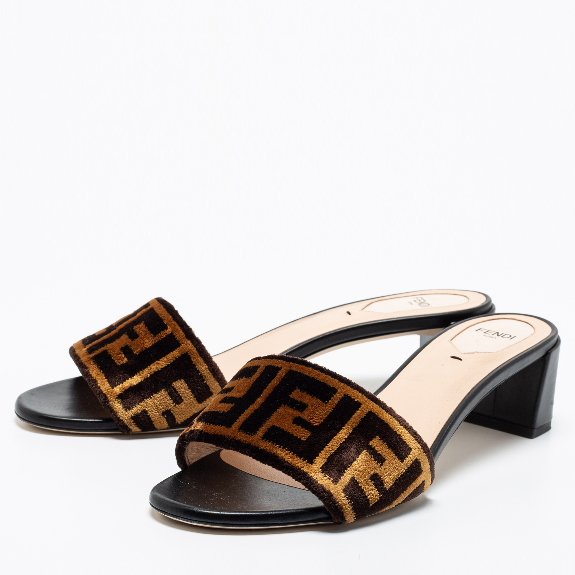 

Fendi Two-Tone Zucca Velvet Slide Sandals Size, Brown