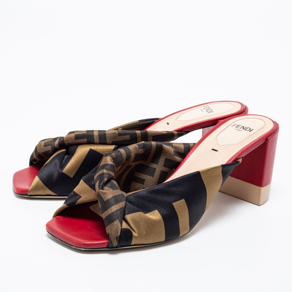 

Fendi Tricolor Logo Print Satin Twist Knotted Open Toe Mules Size, Brown