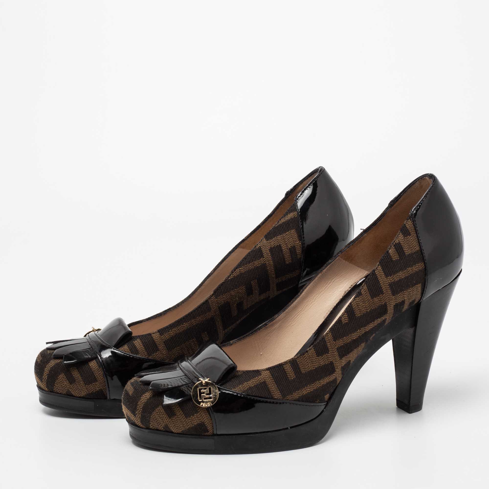 

Fendi Brown/Black Zucca Canvas and Patent Leather Fringed Pumps Size