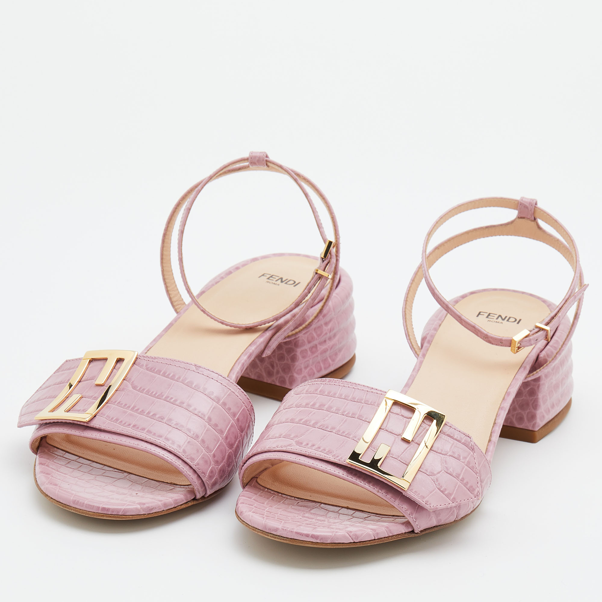 

Fendi Pink Croc Embossed Leather Promenade Ankle Strap Sandals Size