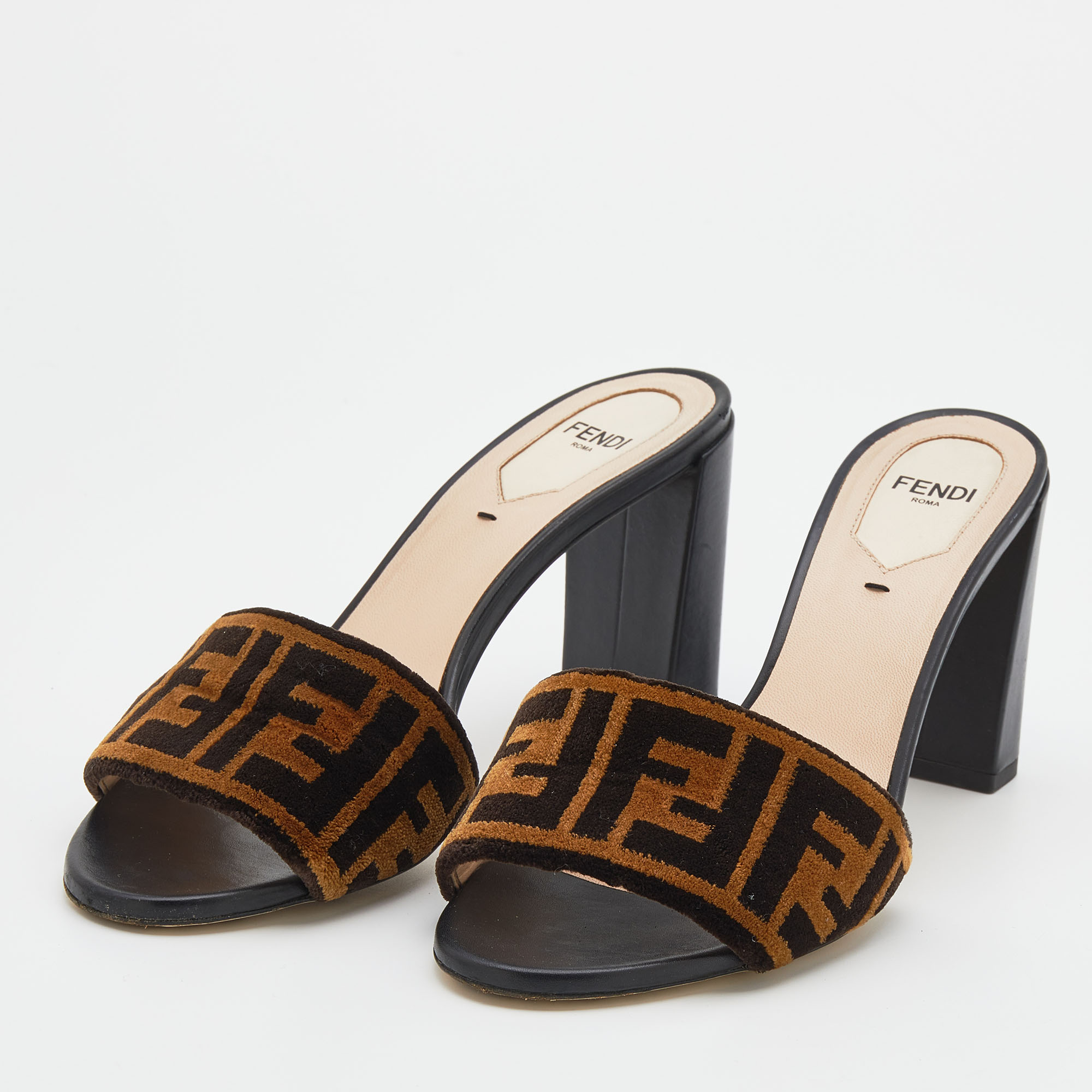 

Fendi Brown Zucca Velvet Slip On Block Heel Slide Sandals Size