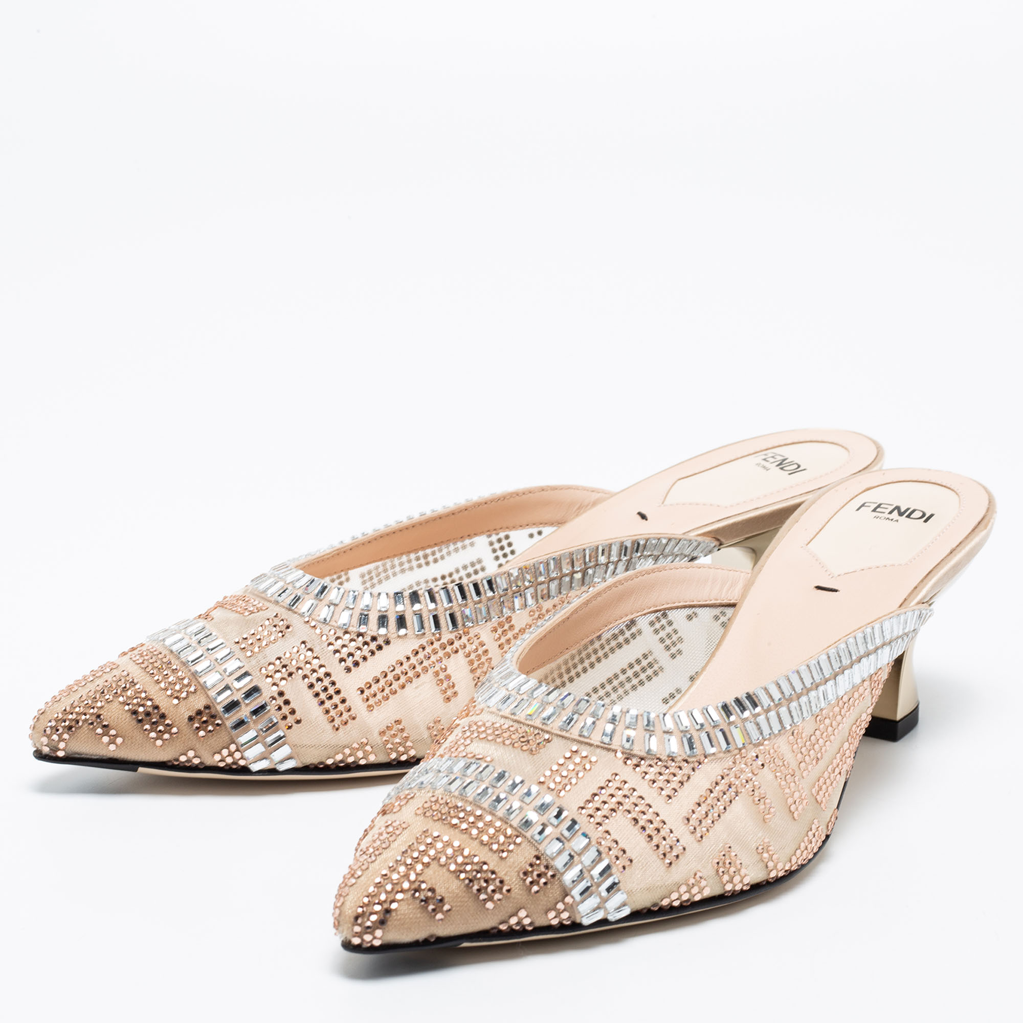 

Fendi Pink Mesh Crystal Embellished Colibrì Pointed Toe Mules Size, Beige