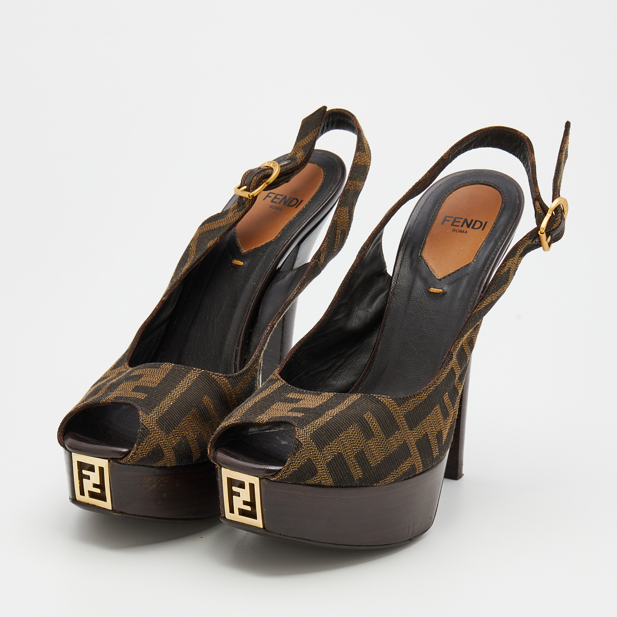 

Fendi Tobacco Brown Zucca Canvas Slingback Platform Pumps Size