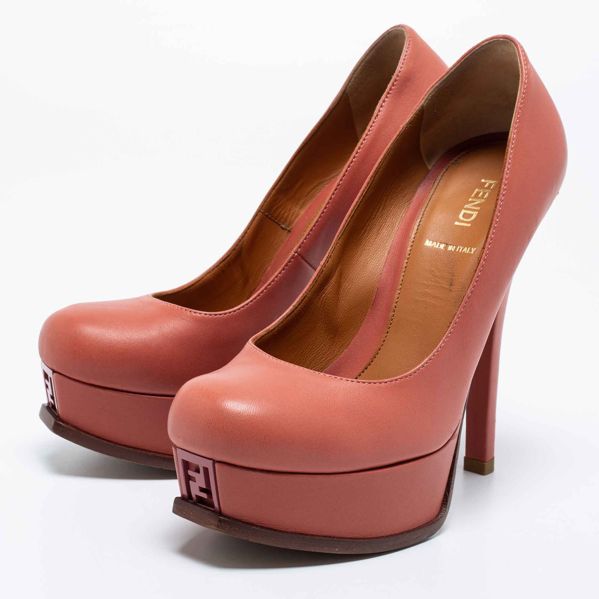 

Fendi Coral Pink Leather Fendista Platform Pumps Size