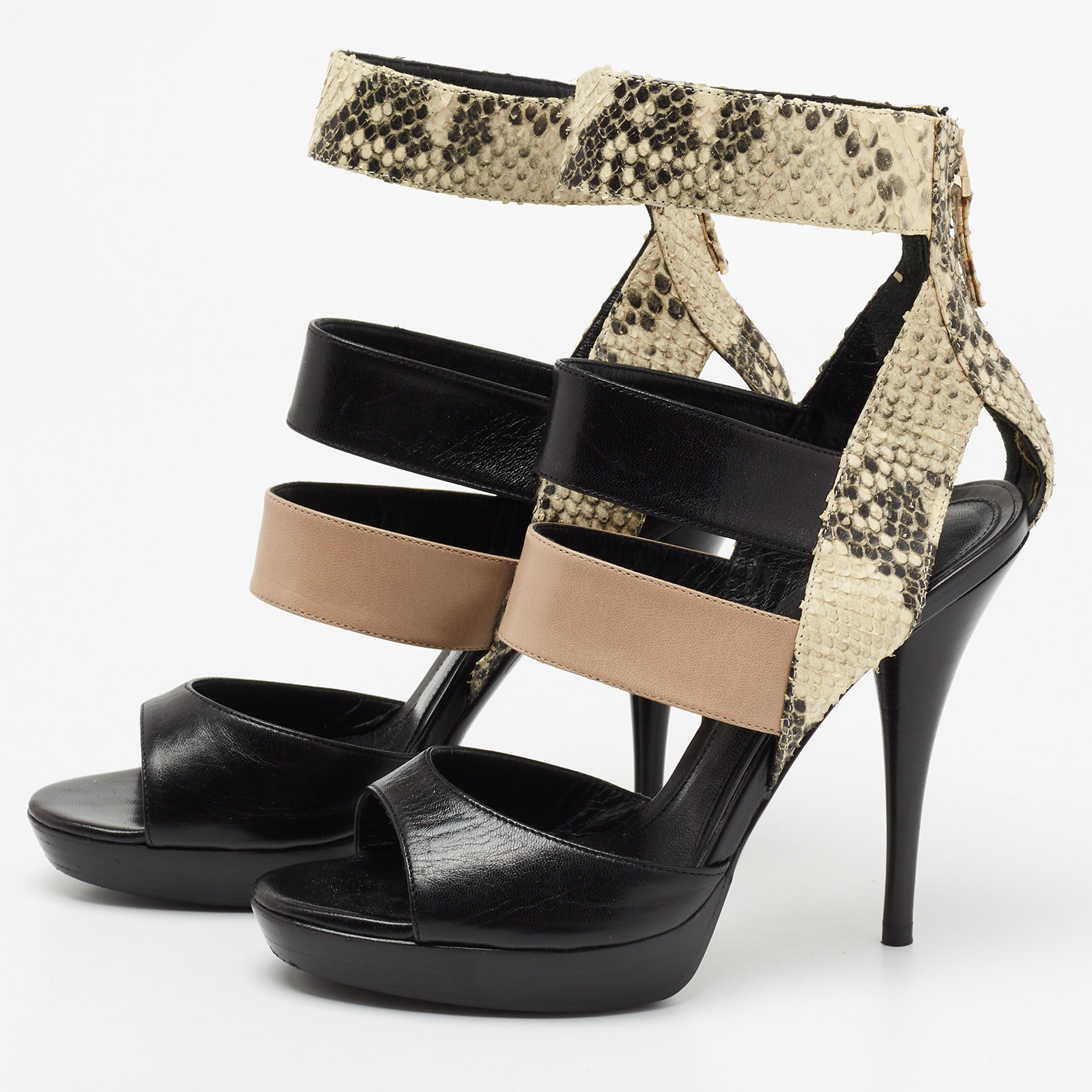 

Fendi Multicolor Snakeskin Embossed Leather And Leather Ankle Strap Platform Sandals Size