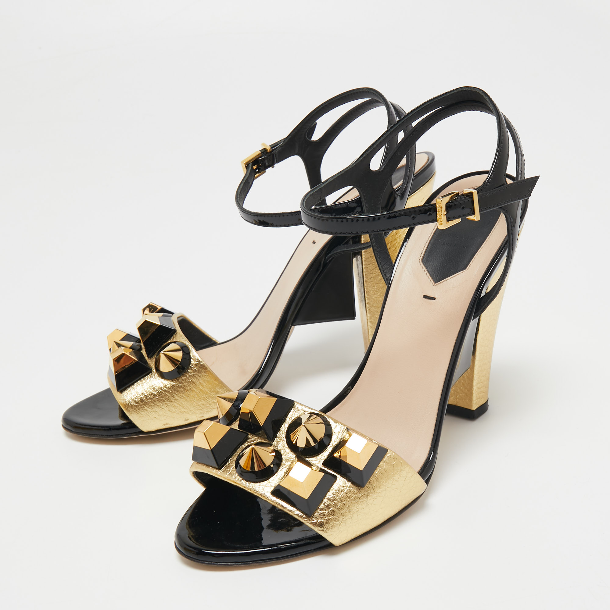 

Fendi Gold/Black Leather And Patent Studded Ankle Strap Sandals Size