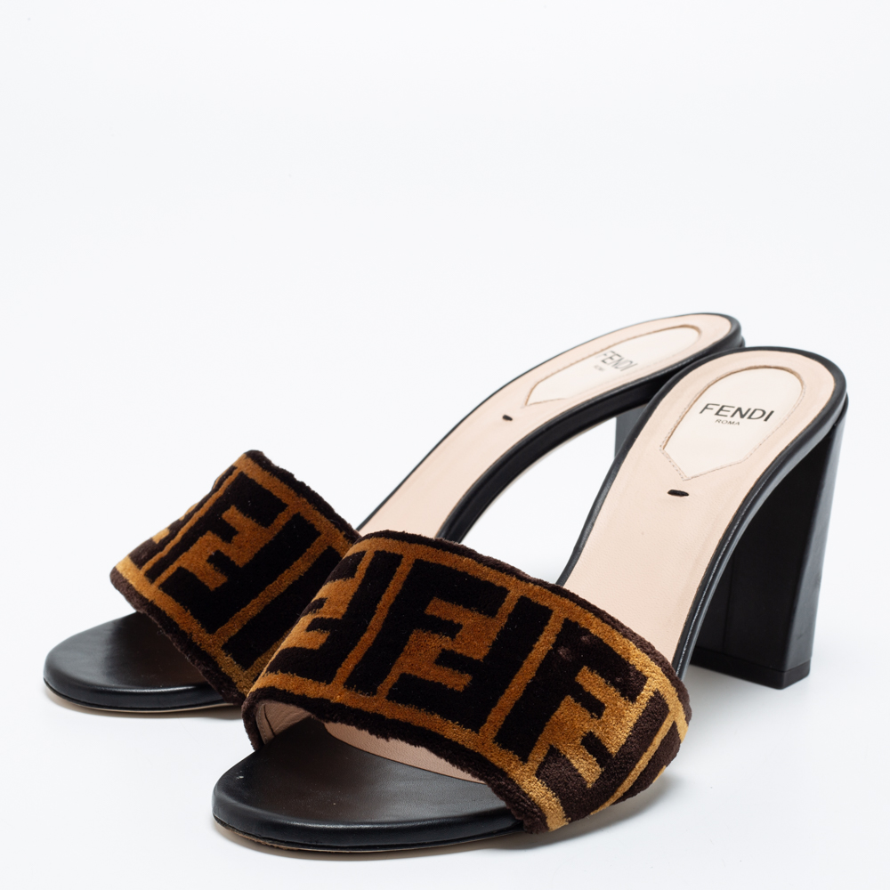 Fendi Brown Zucca Velvet FF Logo Slip On Slide Sandals Size 38  - buy with discount