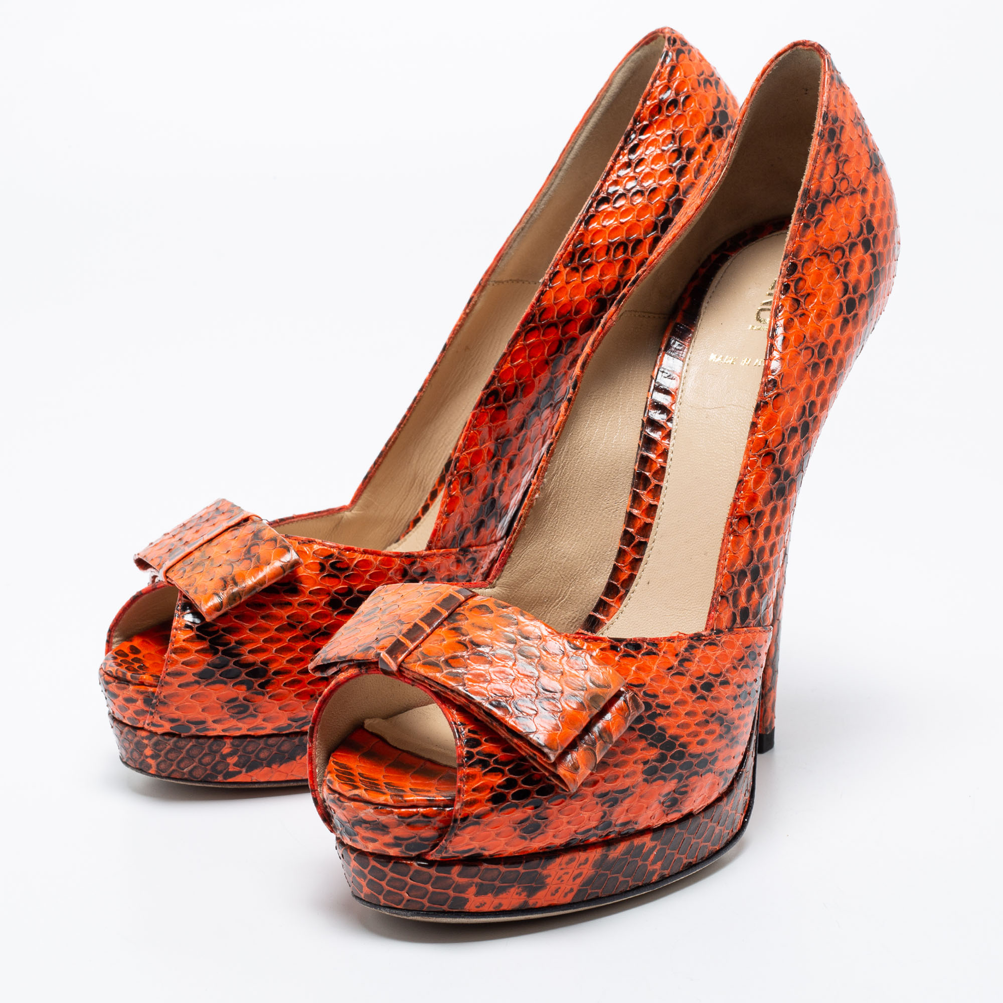 

Fendi Orange/Black Python Leather Bow Platform Pumps Size