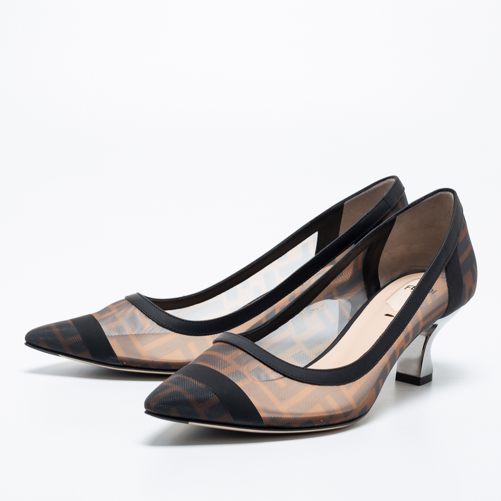 

Fendi Black/Tobacco Zucca Mesh Colibri Pointed Toe Pumps Size