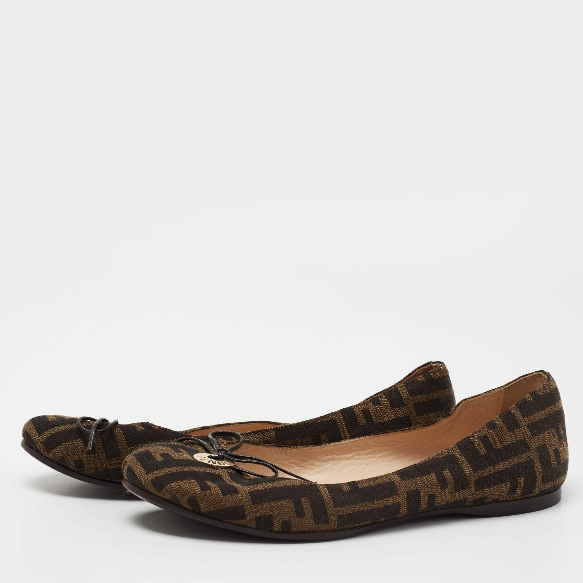 

Fendi Brown Zucca Canvas Logo Bow Ballet Flats Size